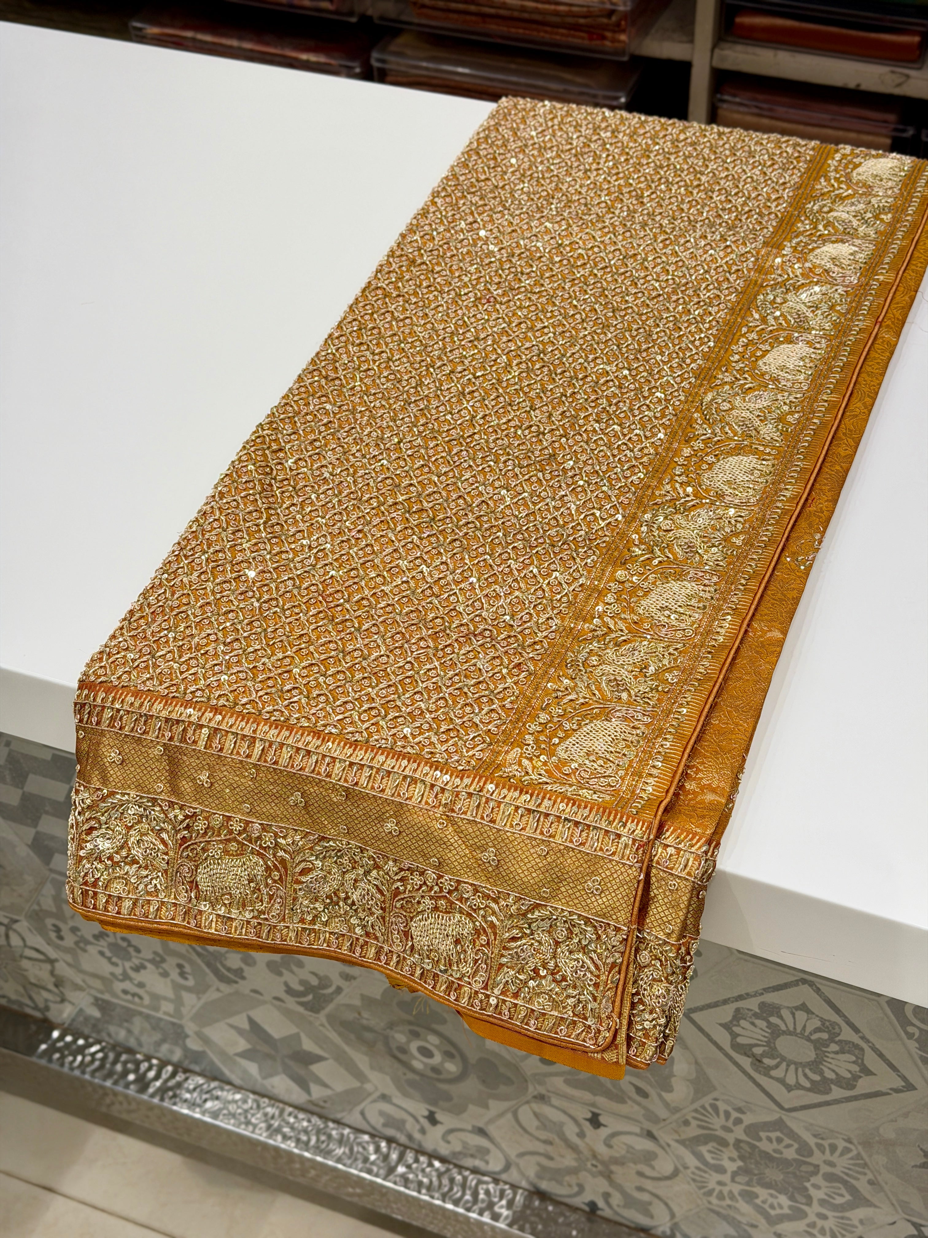 Mustard Yellow Kanjivaram Peacock Motif Hand Embroidery Zardosi Saree