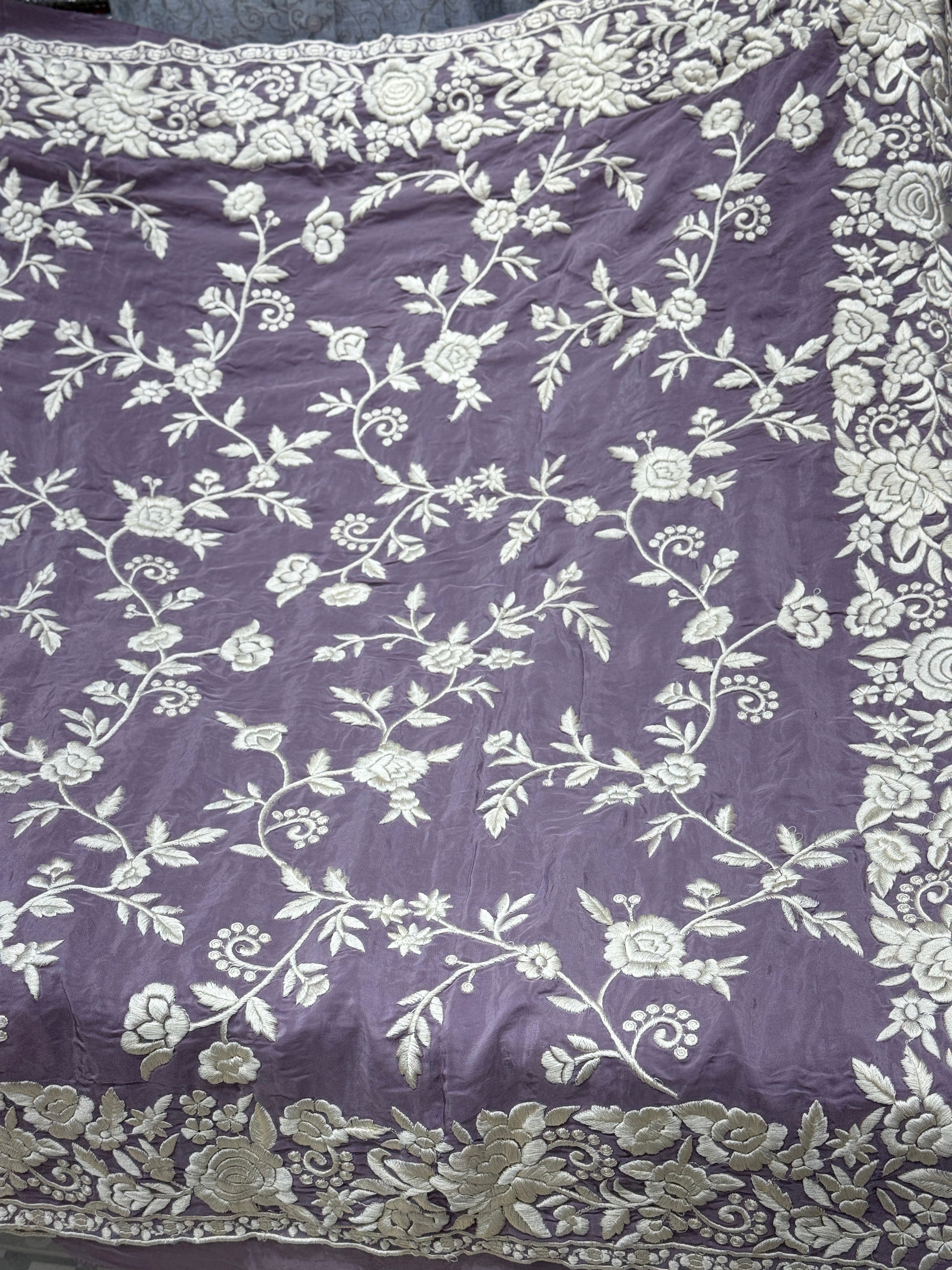 Lilac Crepe Floral Parsi Gara Saree