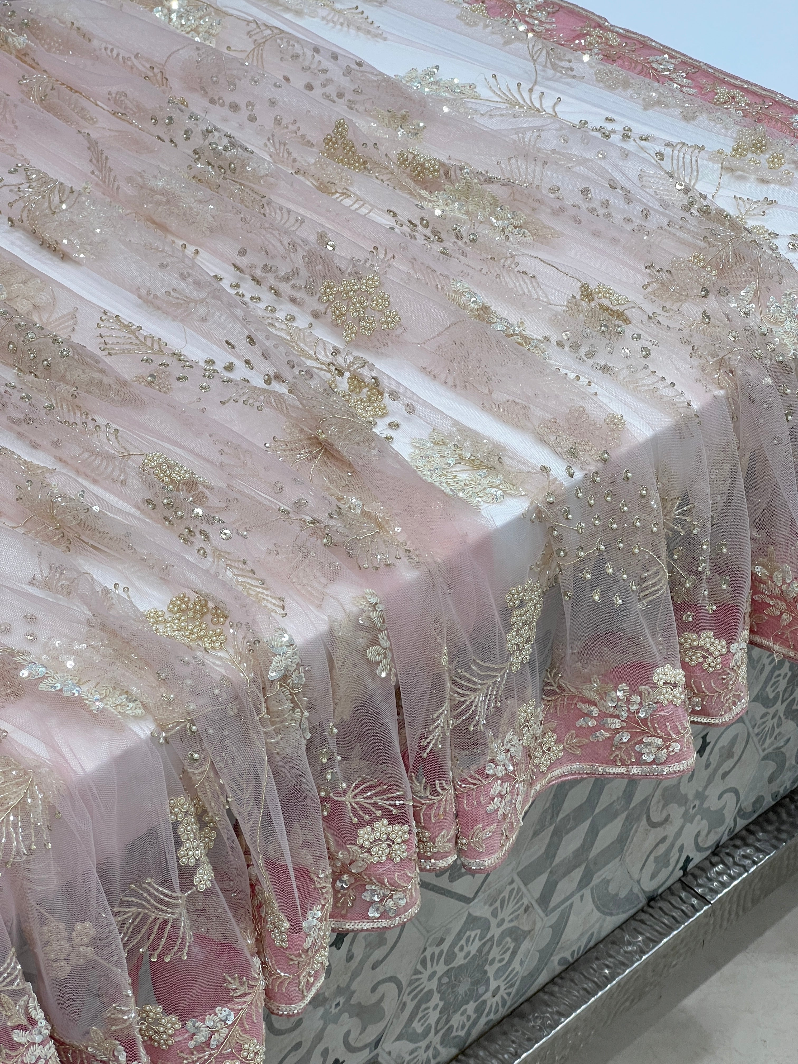 Pink Soft Net Floral Jaal Hand Embroidery Saree