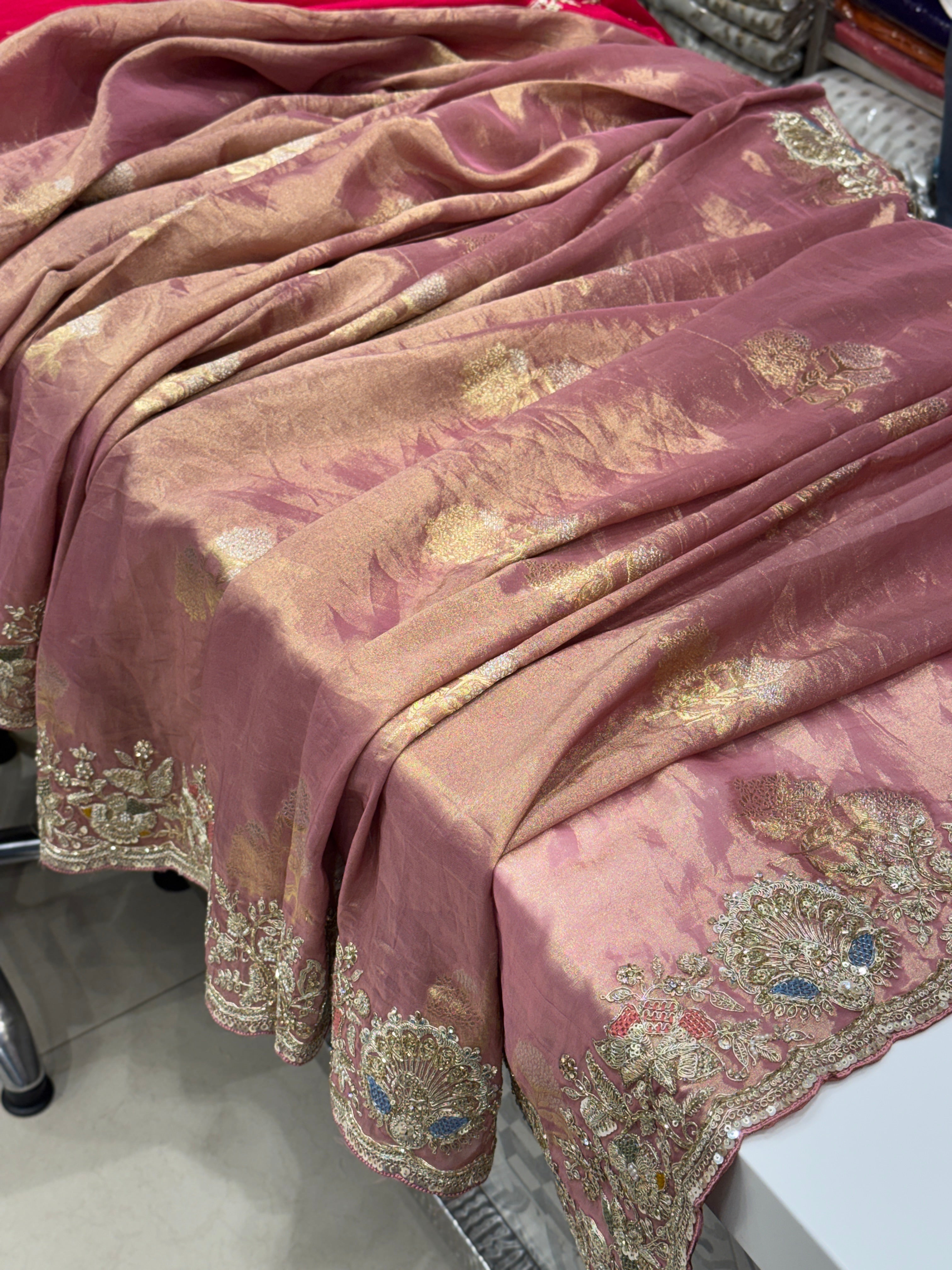 Pink Tissue Weaved Embroidery Saree