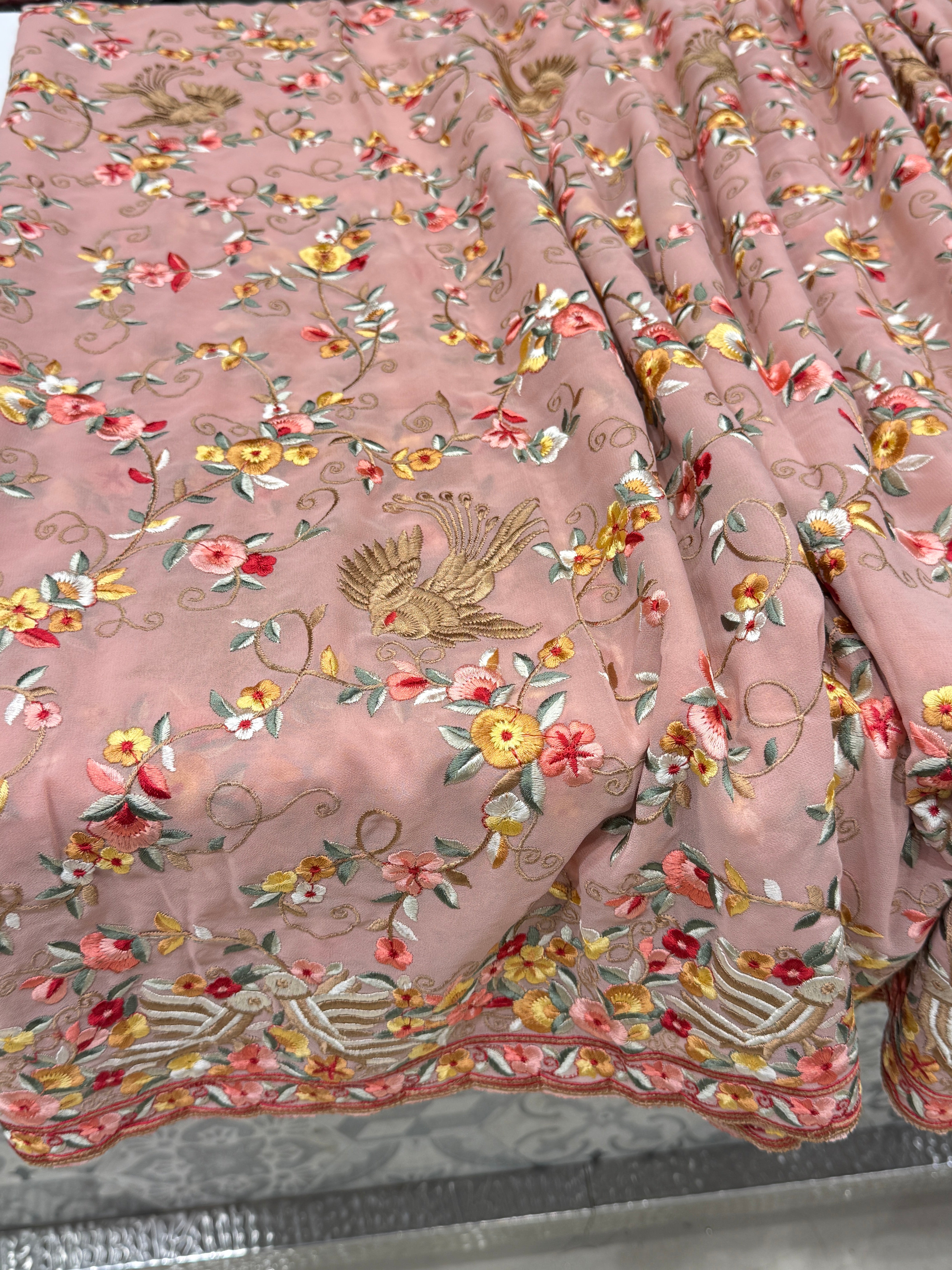 Pink Georgette Multi Colour Jaal Floral Parsi Gara Saree