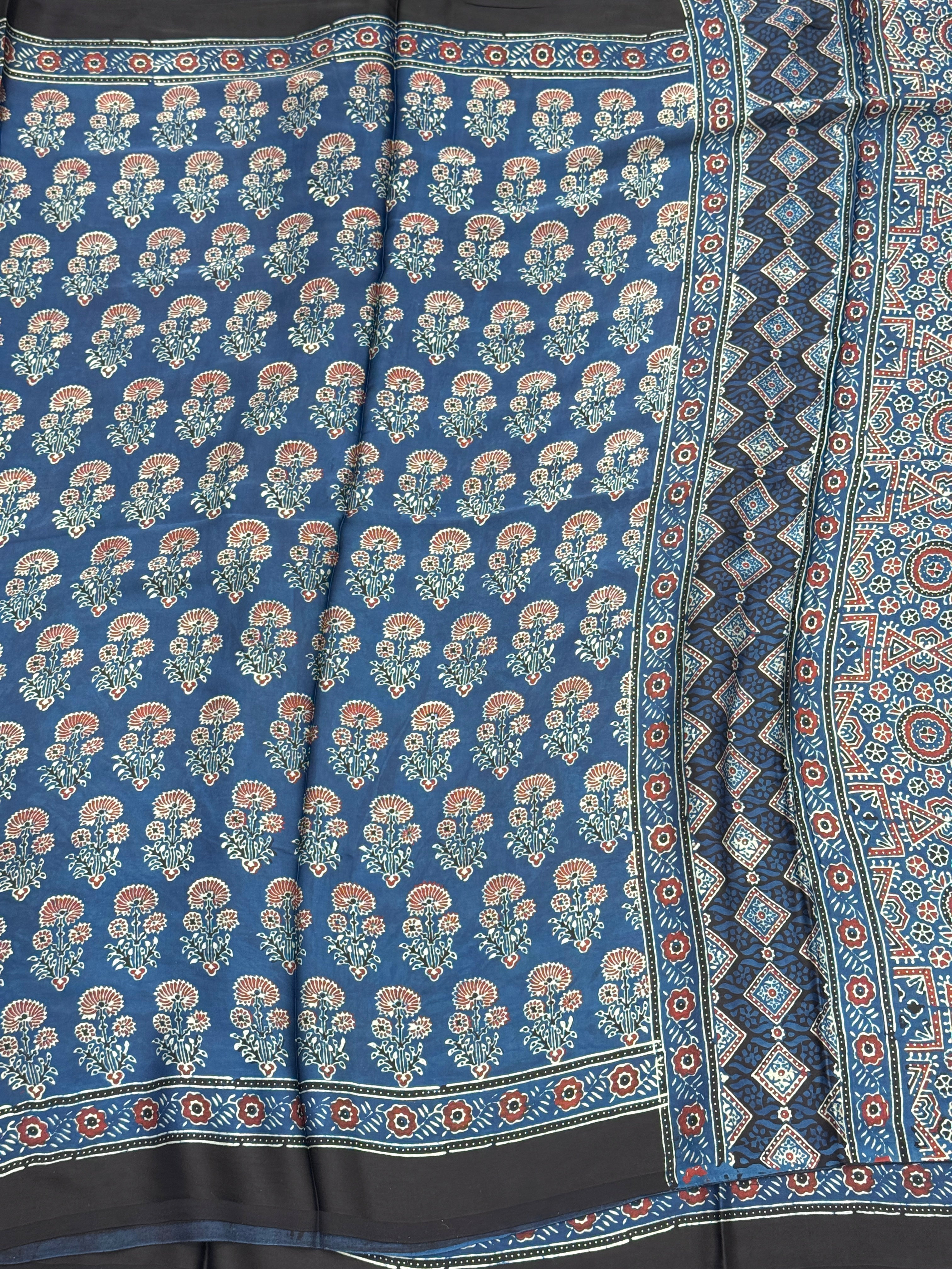 Blue Floral Buttas Floral Pallu Hand Block Print Ajrkah Pure Gajji Silk Saree