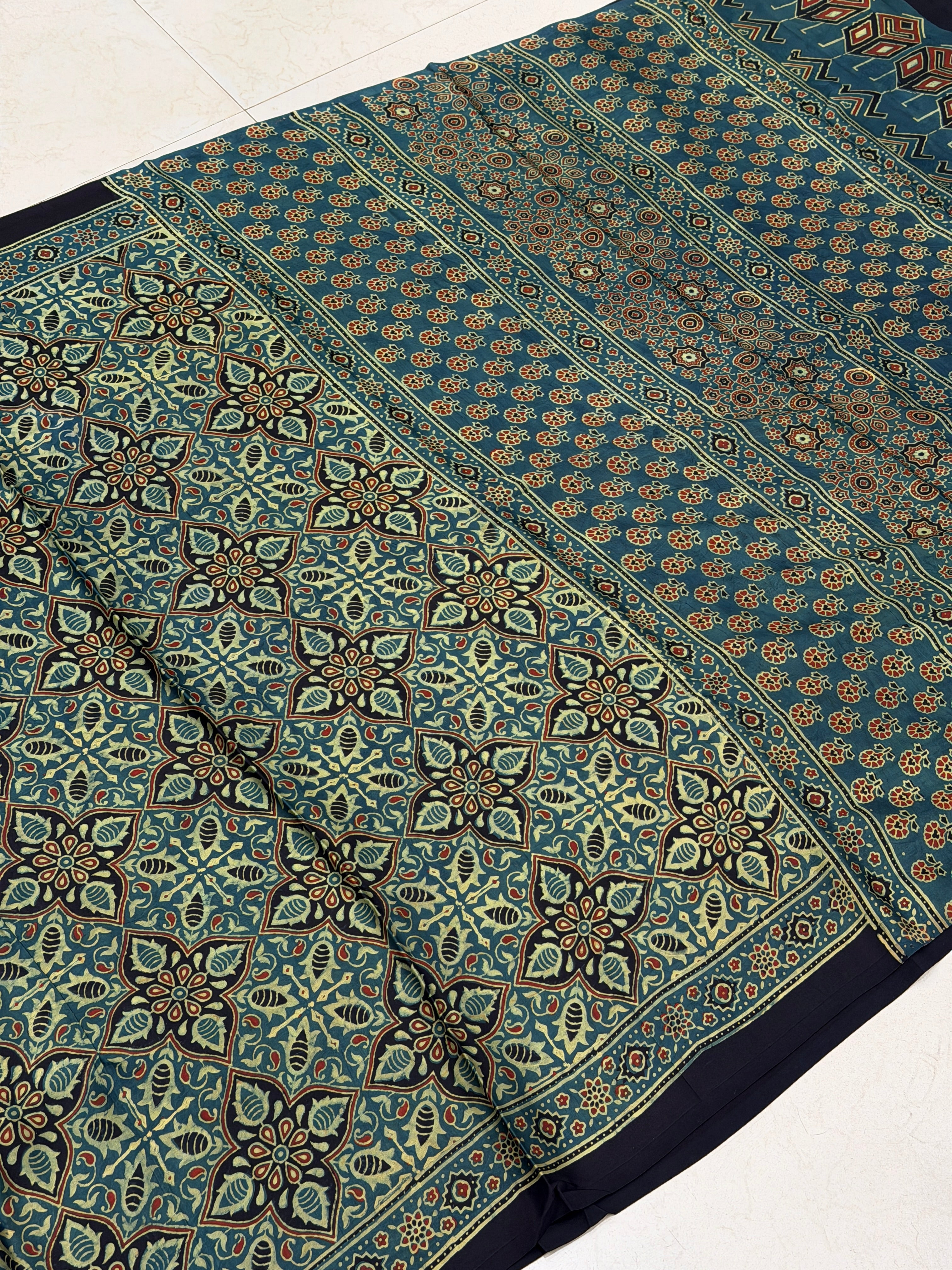 Green Elkweed Flower Buttis Ajrakh Hand Block Print Pure Modal Silk Saree