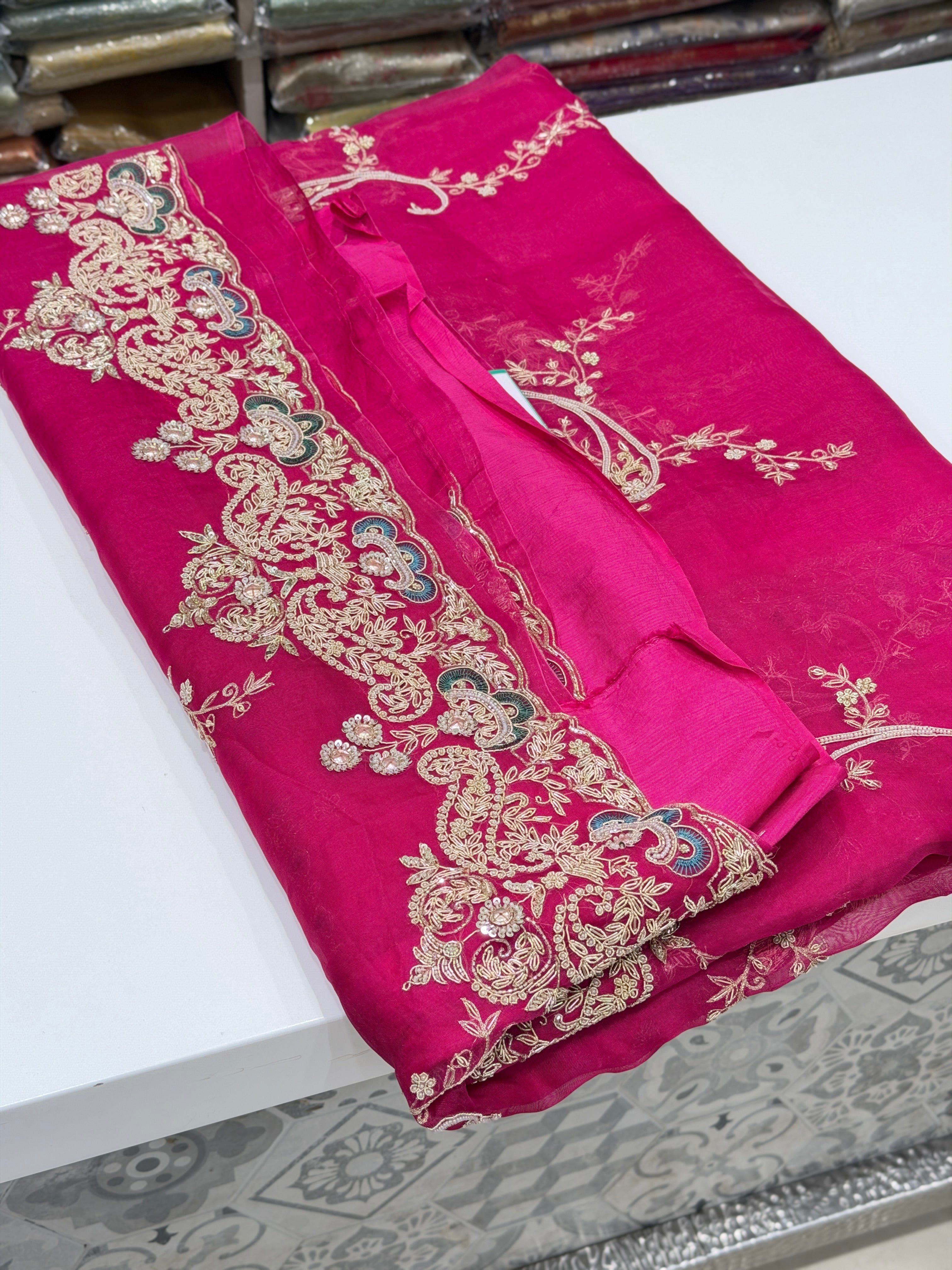 Rani Pink Organza Zardodi Phoneix Jaal Hand Embroidery Saree