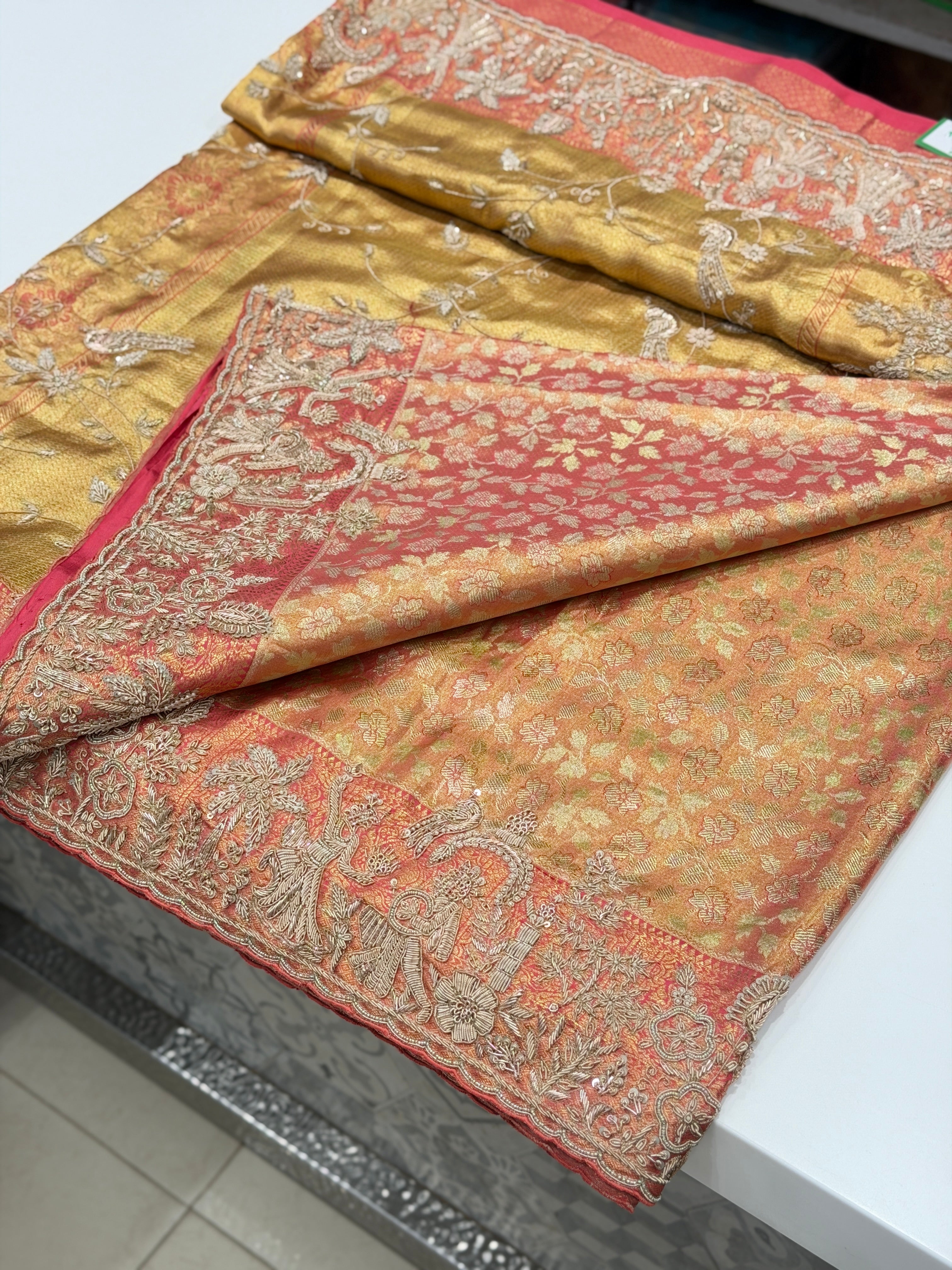 Rose Tissue Kanjivaram Zardosi Hand Embroidery Doli Edit Saree