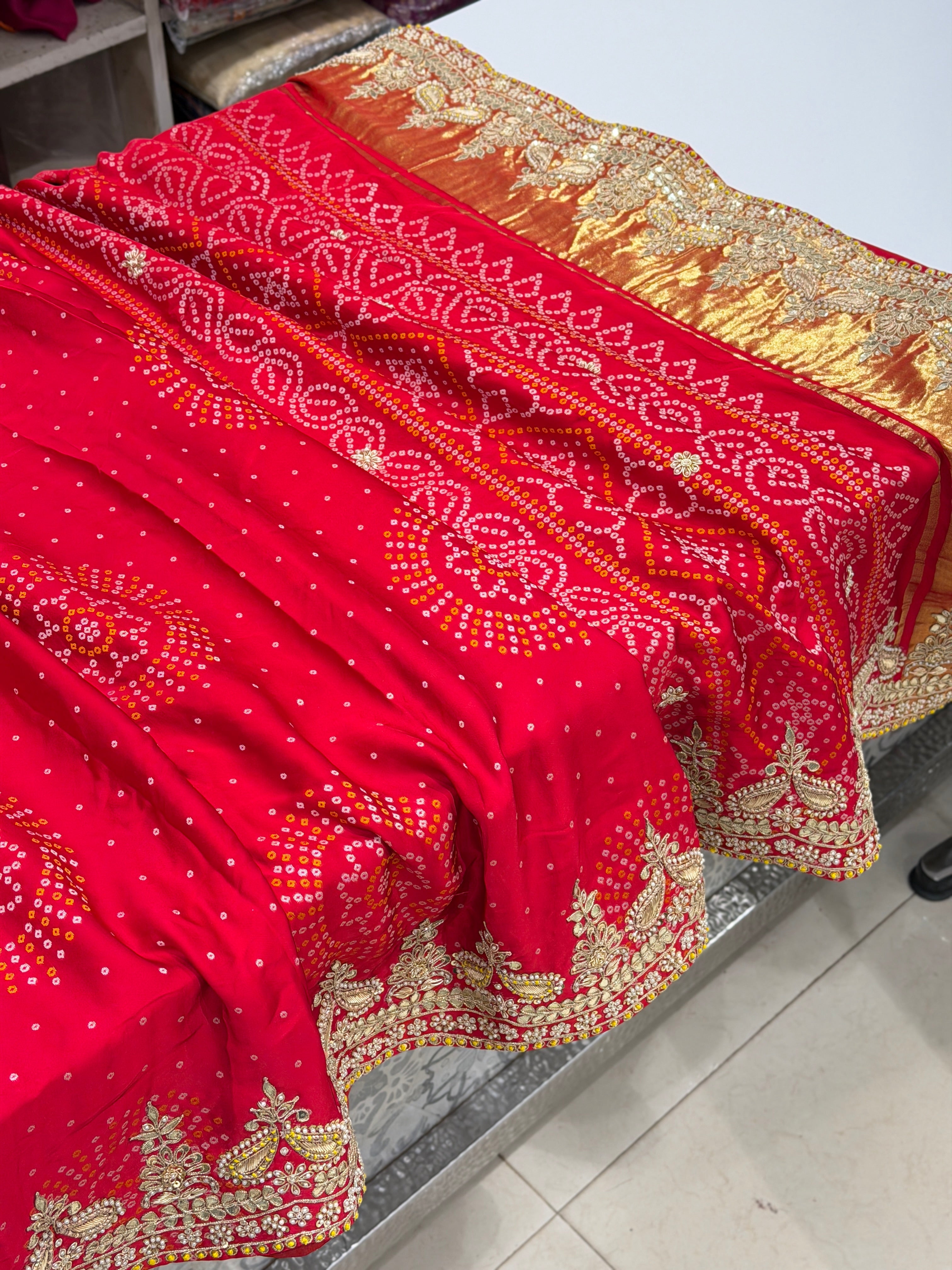 Red Gajji Silk Woven Bandhej Zardosi Marodi Hand Embroidery Saree