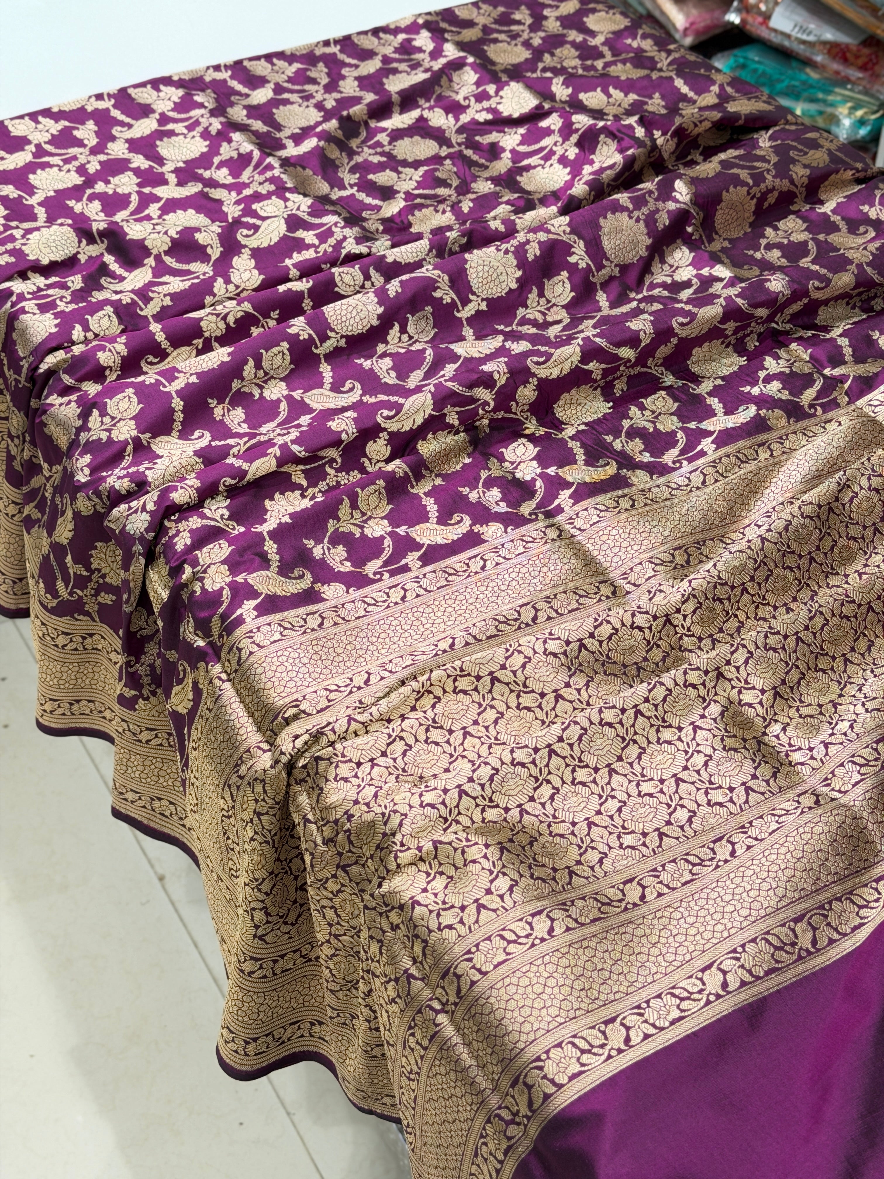 Violet Crown Jaal Handloom Banarasi Katan Silk Saree