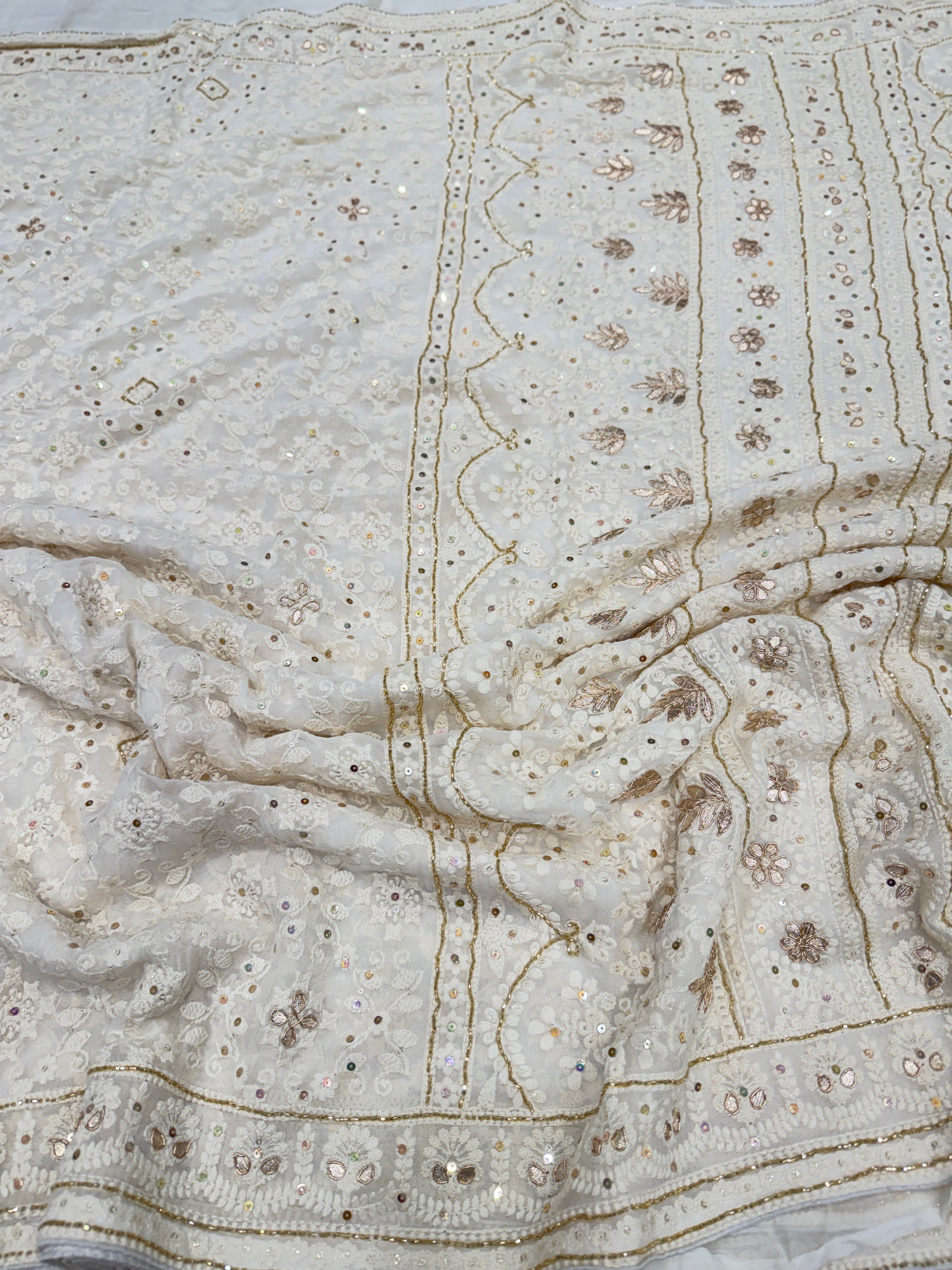 White Chikankari on Georgette with Cutdana Hand Embroidery