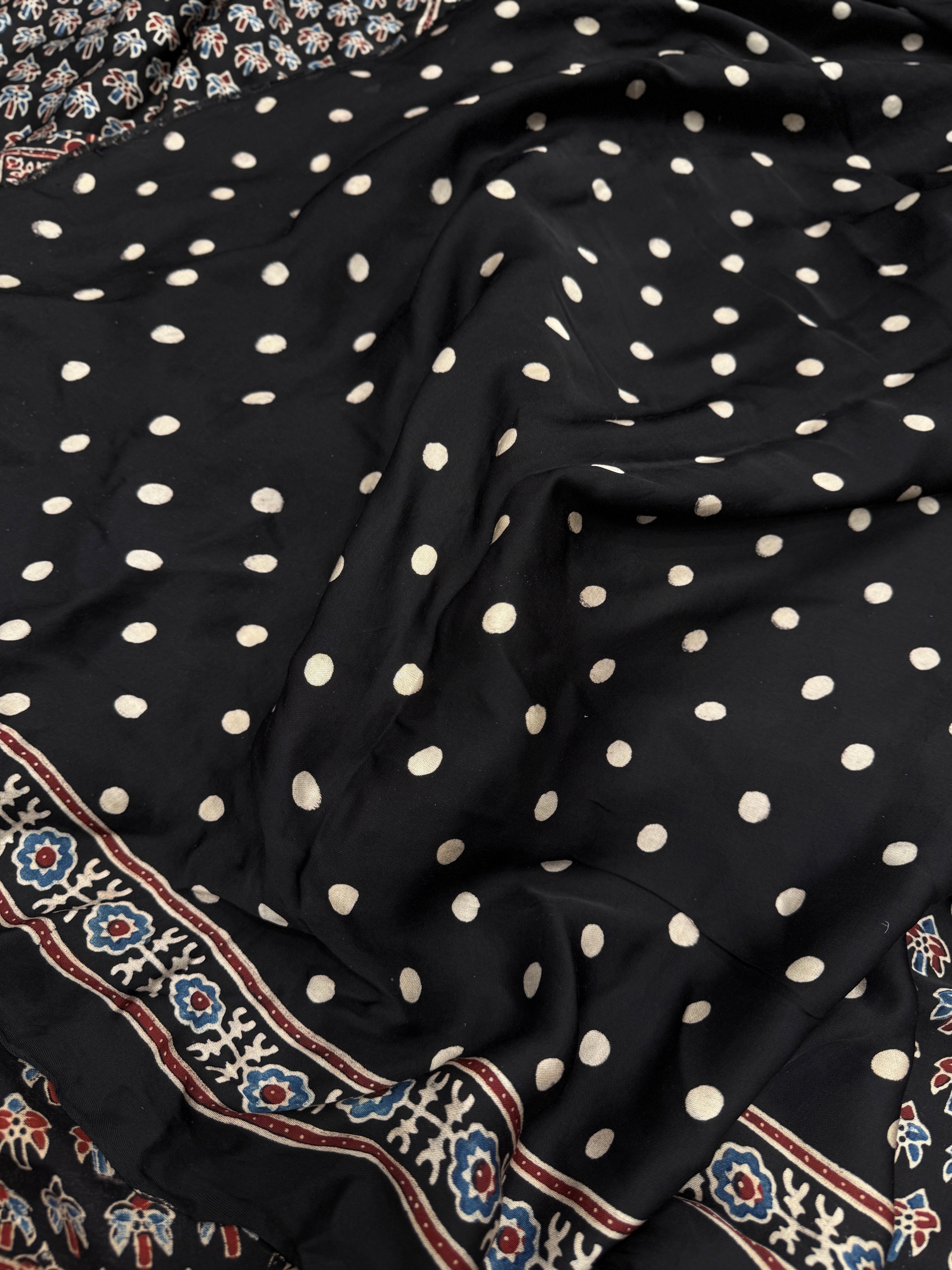 Black Small Tree Buttis Ajrakh Block Print Hand Pure Gajji Silk Saree