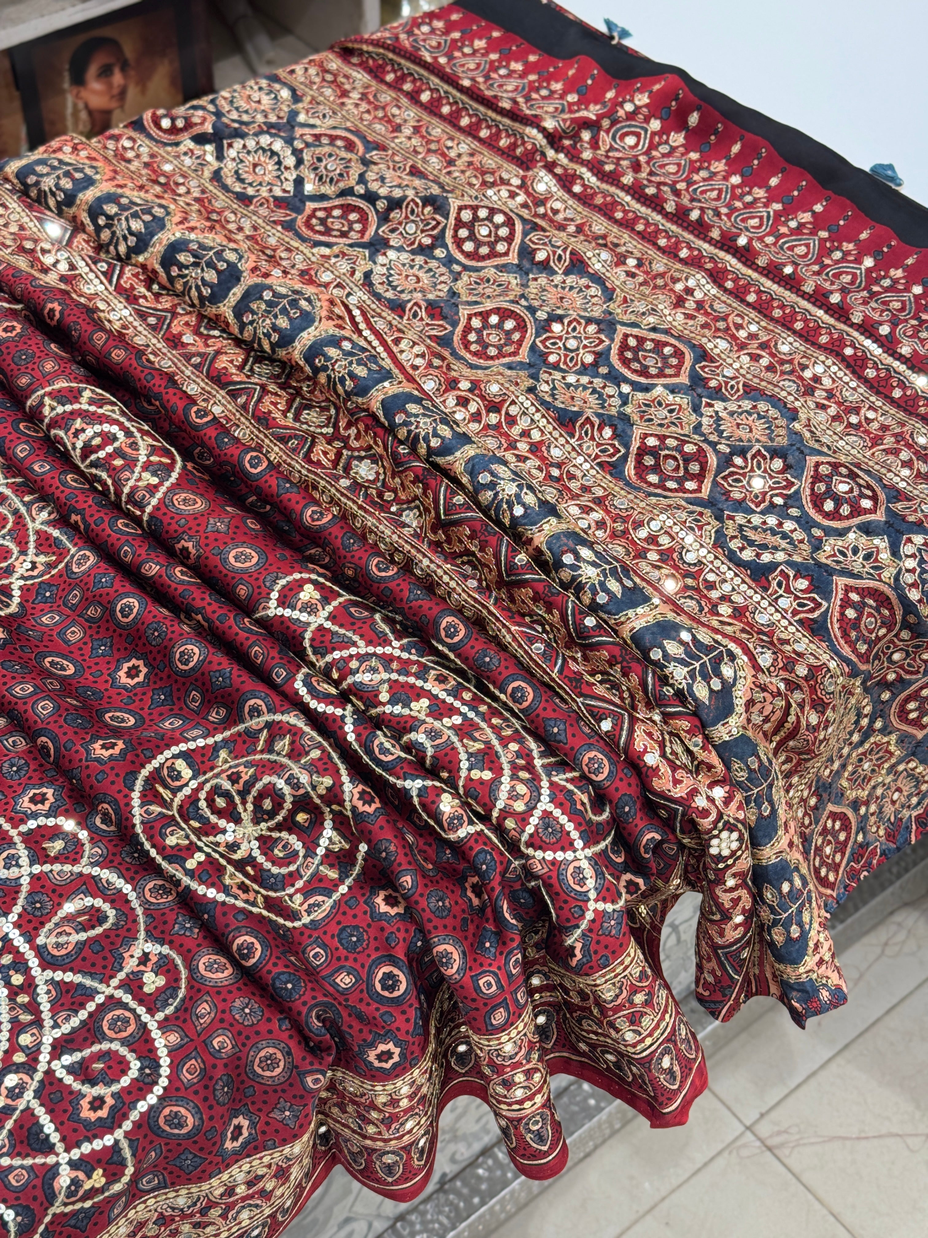 Red Alia Bhatt Inspired Hand Embroidery Ajrakh Saree