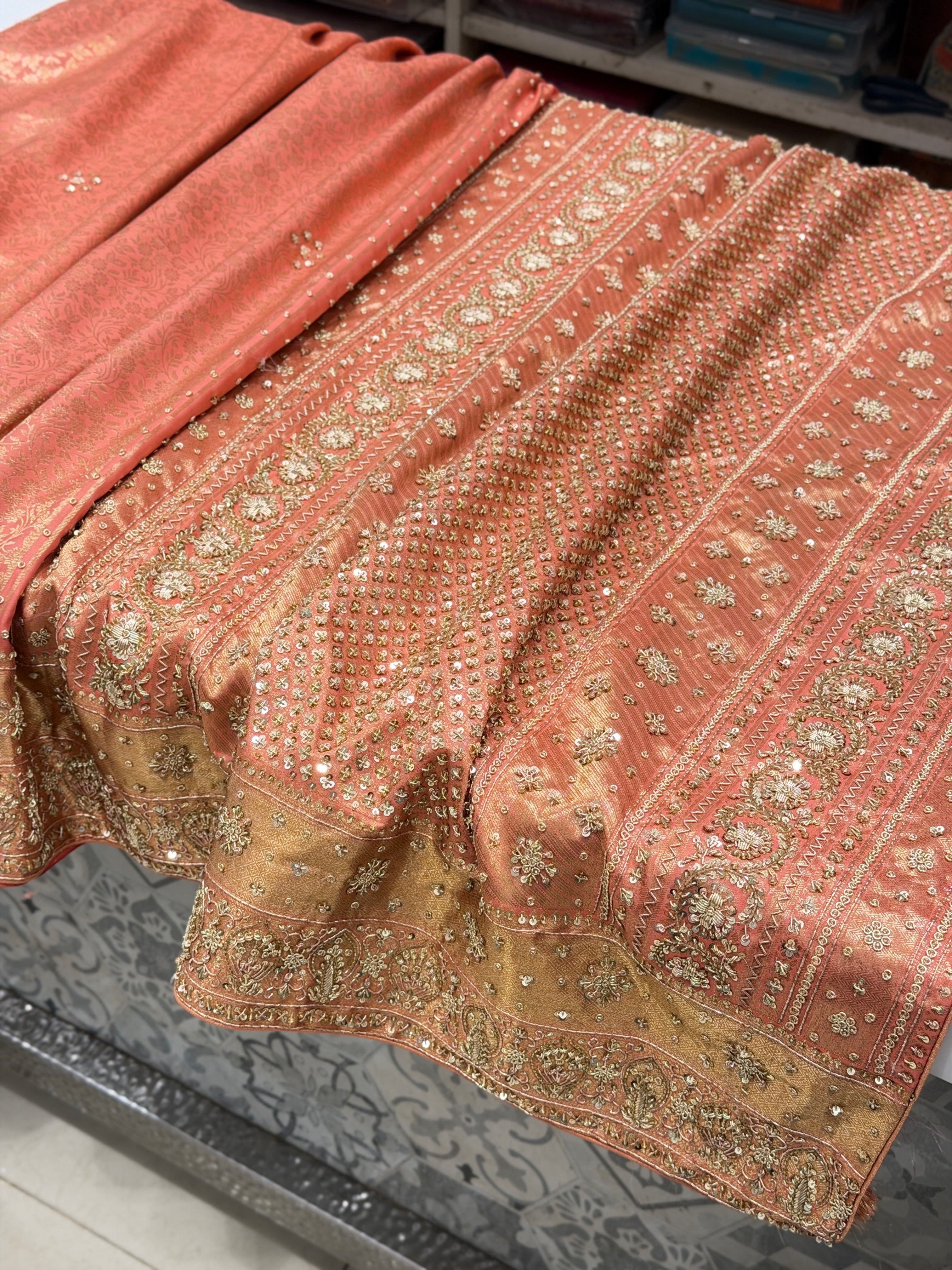Pastel Peachish Pink Kanjivaram Zardosi Hand Embroidery Saree