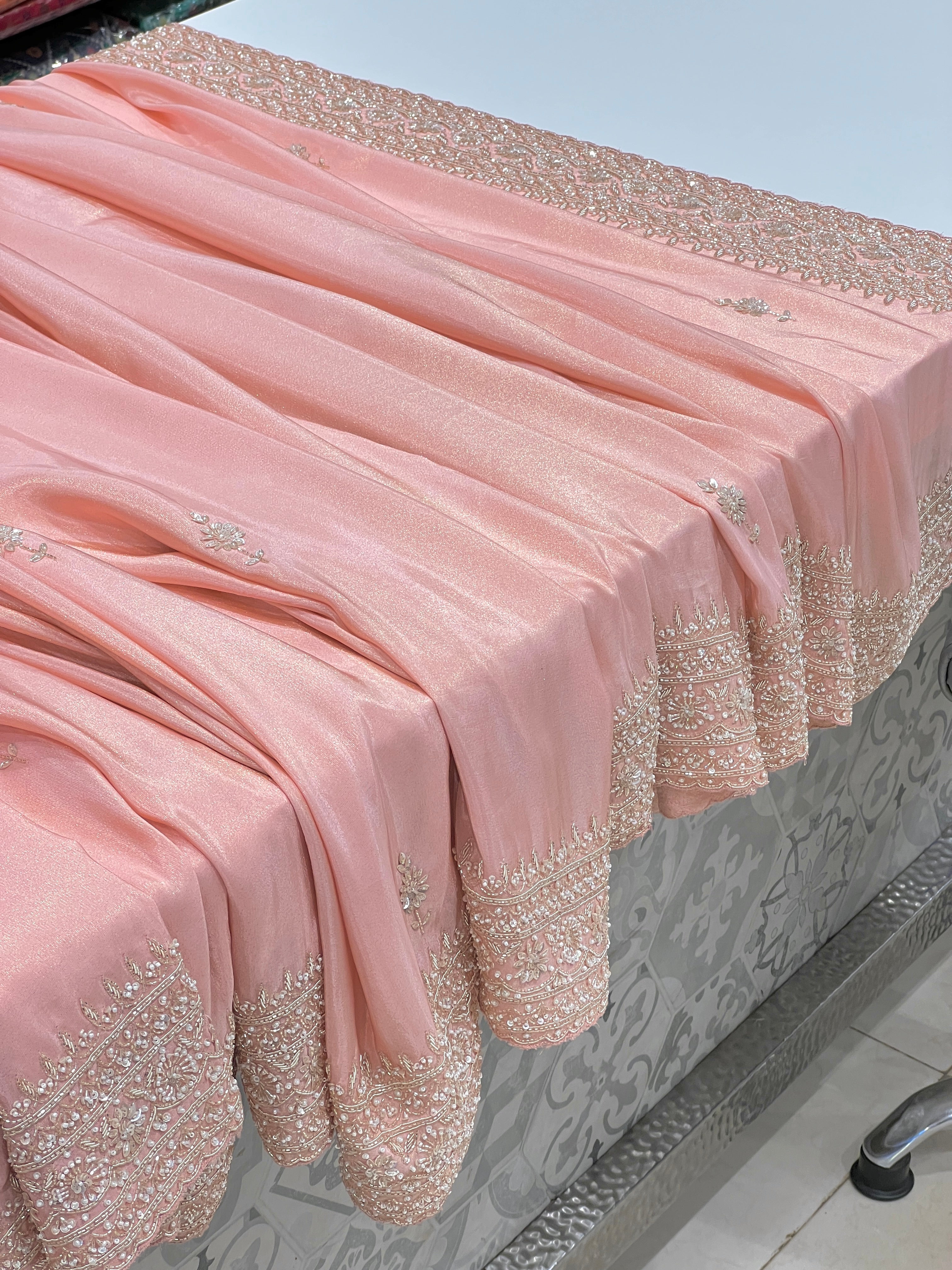 Pink Kareena Kapoor Inspired Crepe Tissue Embroidery Saree 2.0