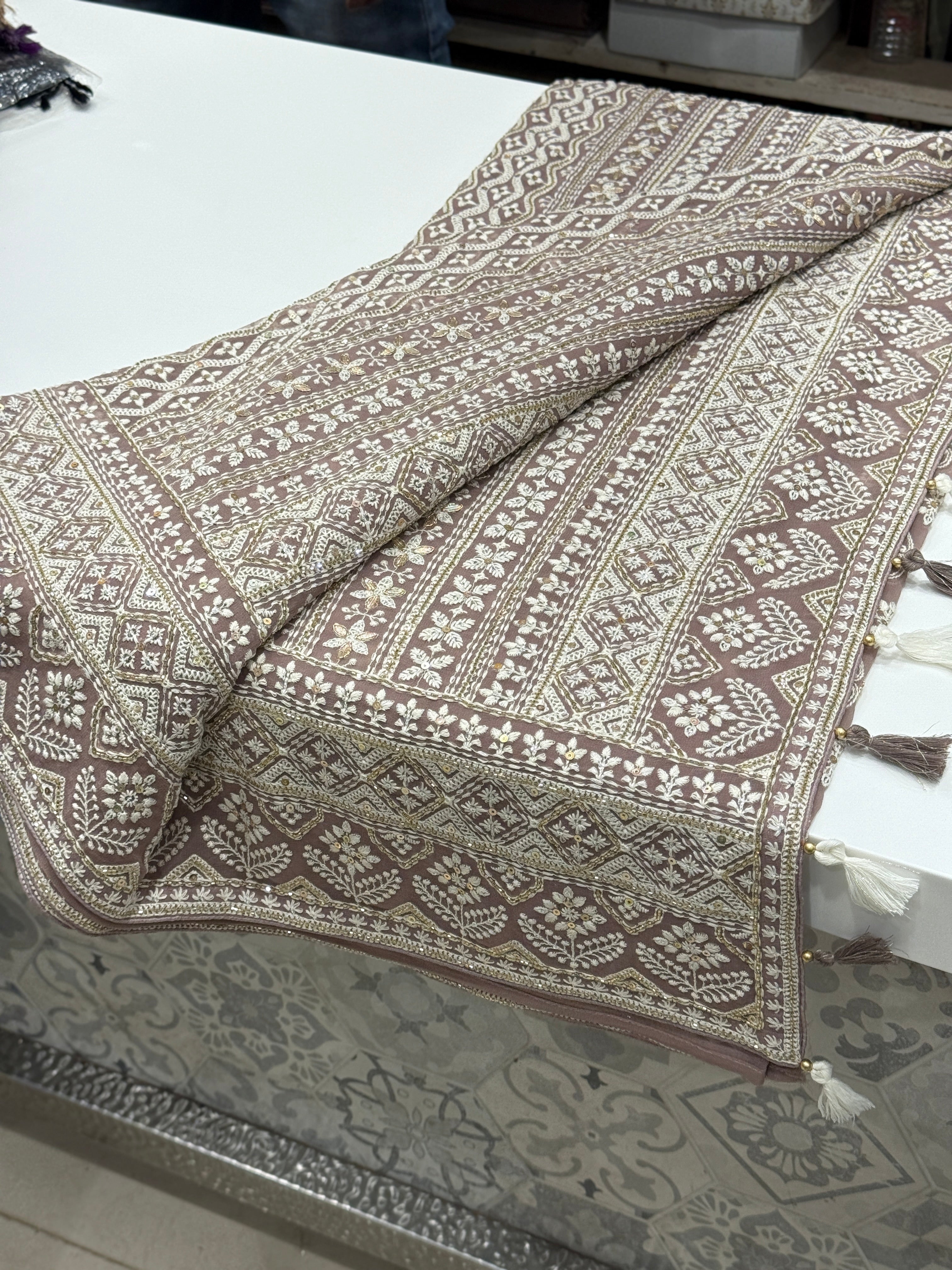 Mauve Pink Jaal Chikankari on Georgette with Cutdana Hand Embroidery