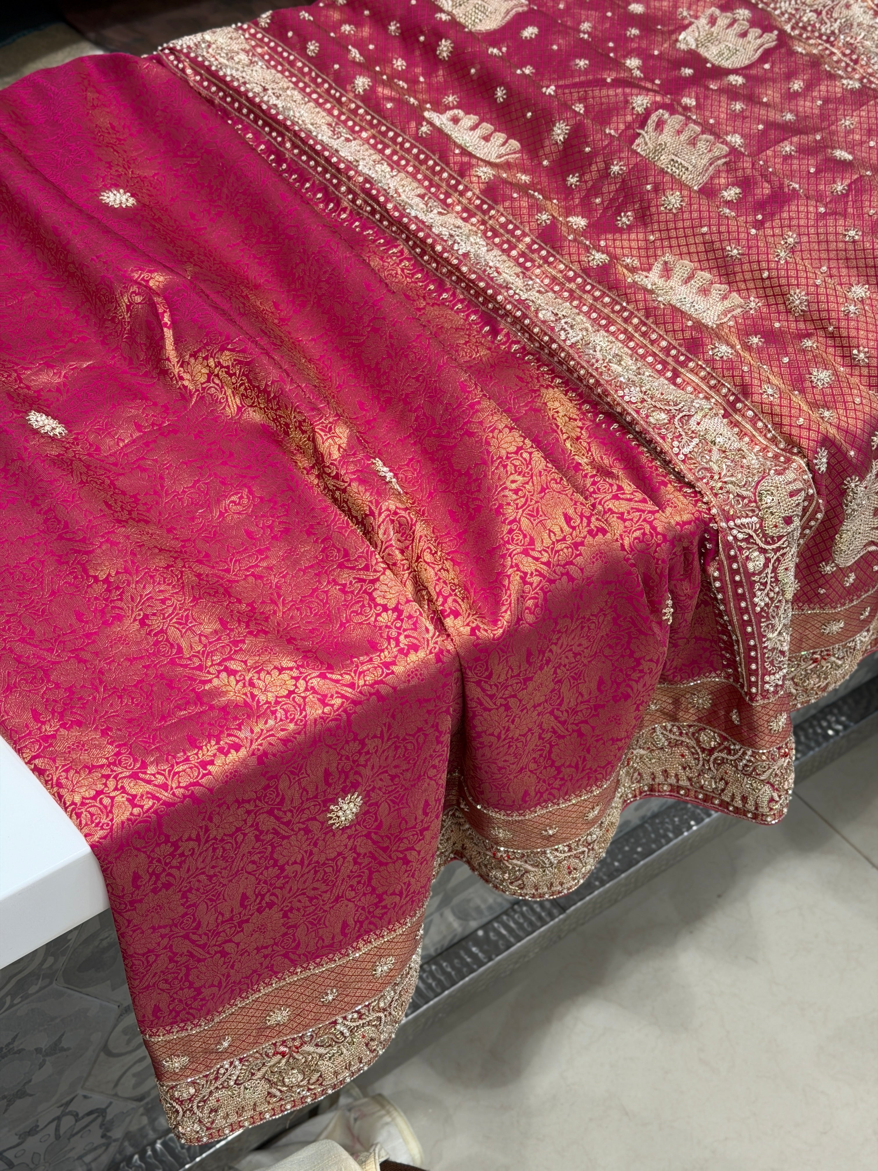 Rani Pink Pure Silk Kanjivaram Elephant Motif Hand Embroidery Saree