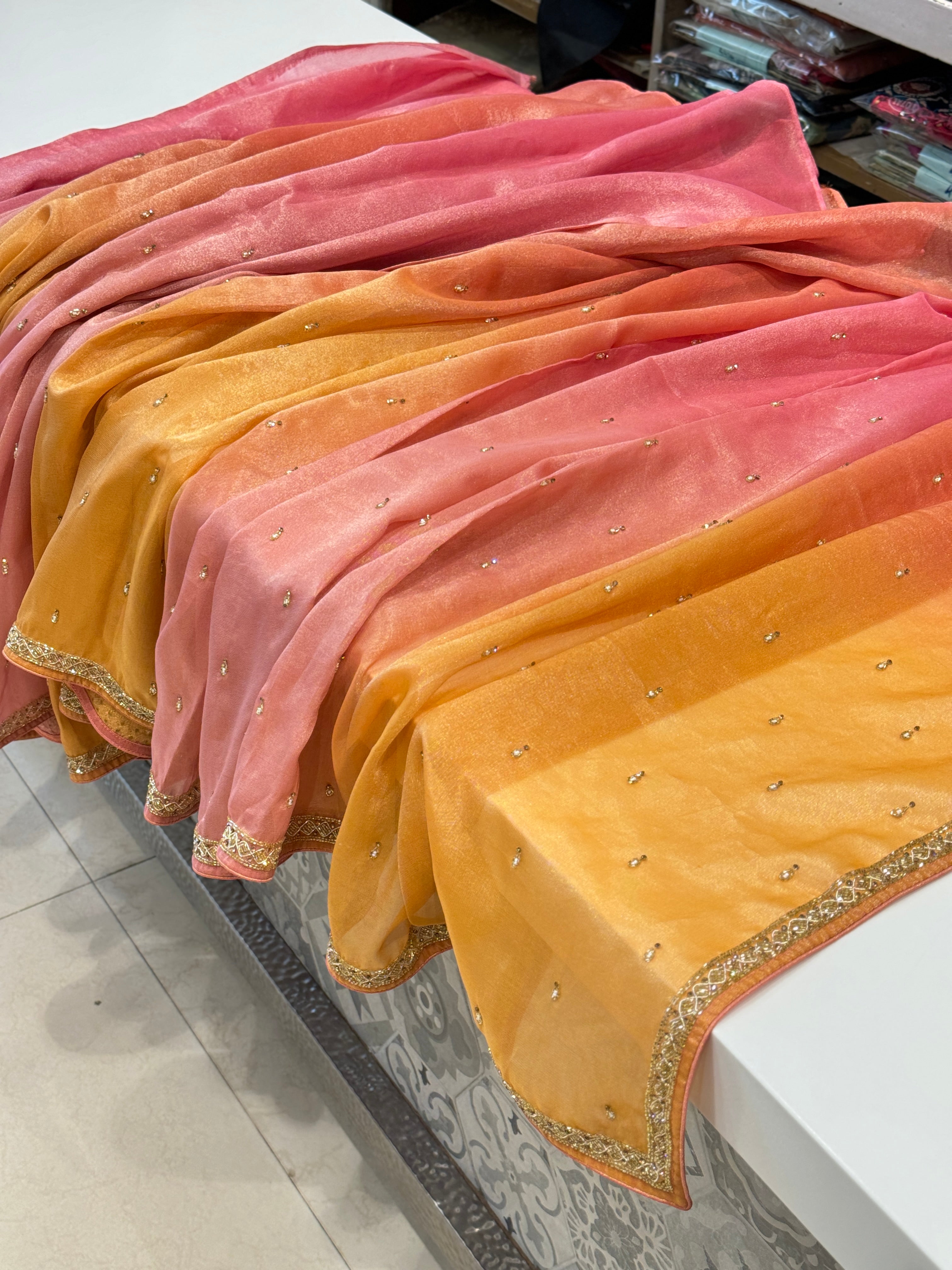 Shaded Tissue Crepe Butti Hand Embroidery Saree