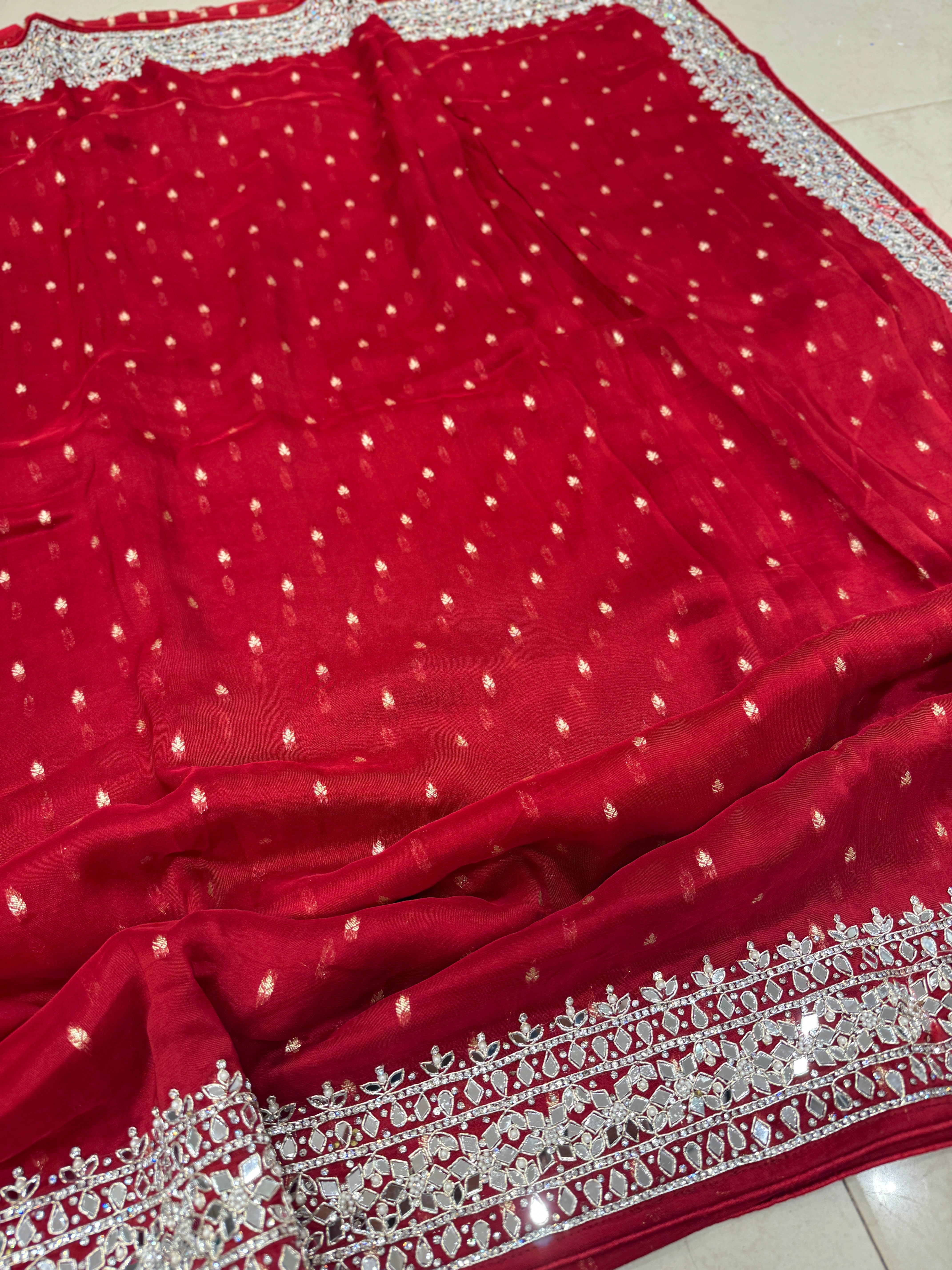 Red Satin Organza Mirror Hand Embroidery Saree