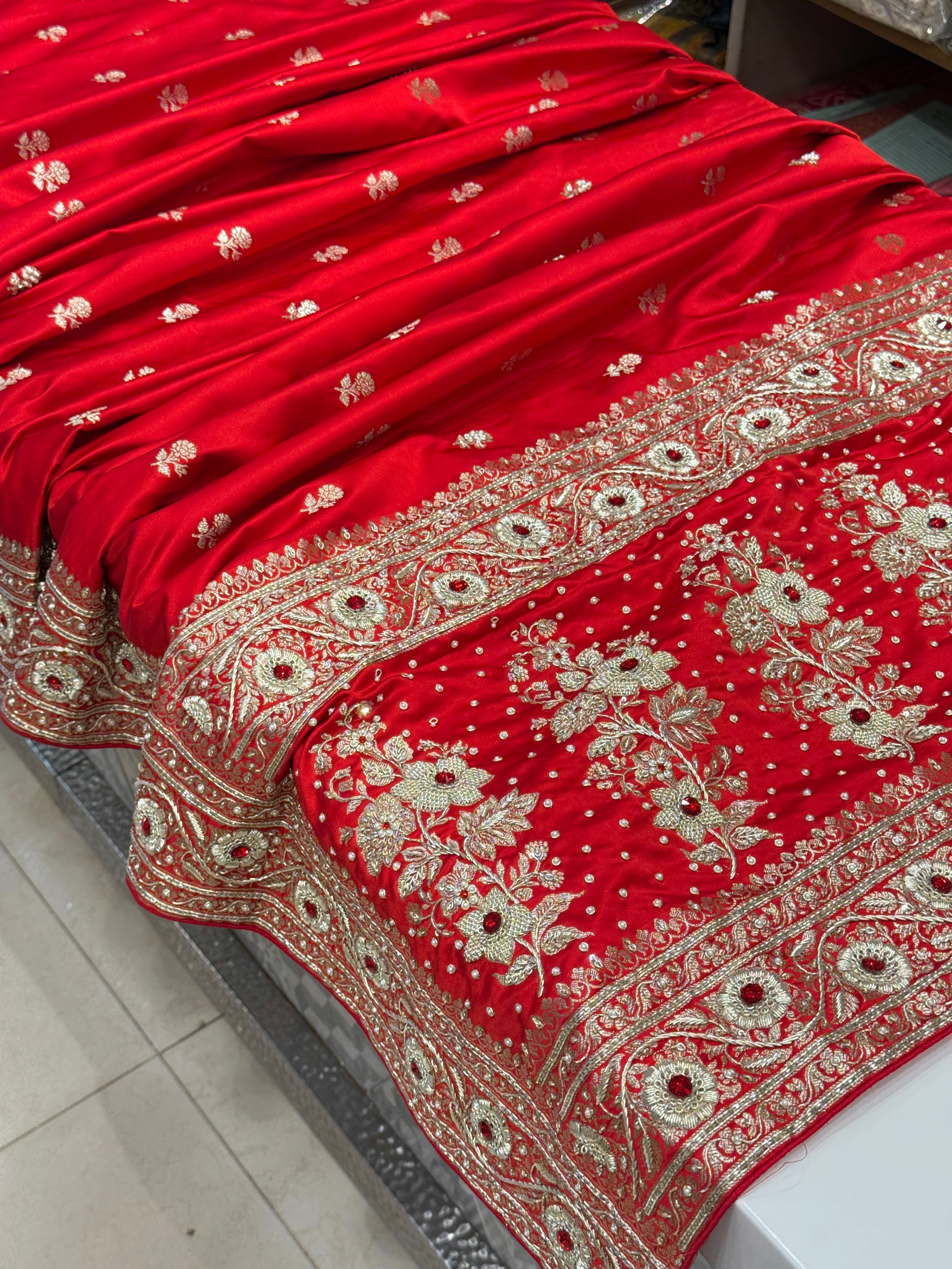 Red Banarasi Silk Butti Crystal Zardozi Hand Embroidery Saree
