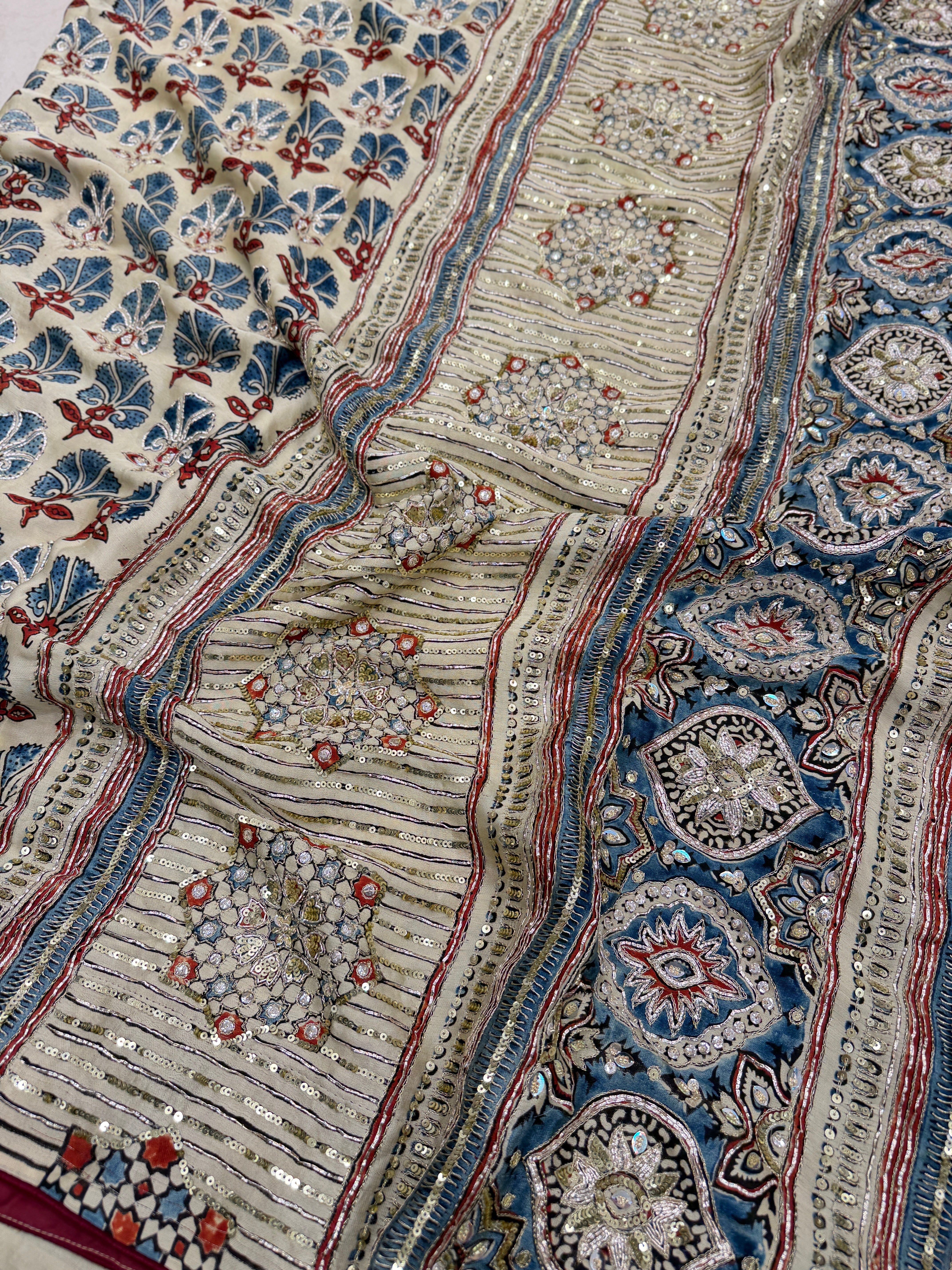 White Buttas Zardosi Sequin Ajrakh Hand Embroidery Saree