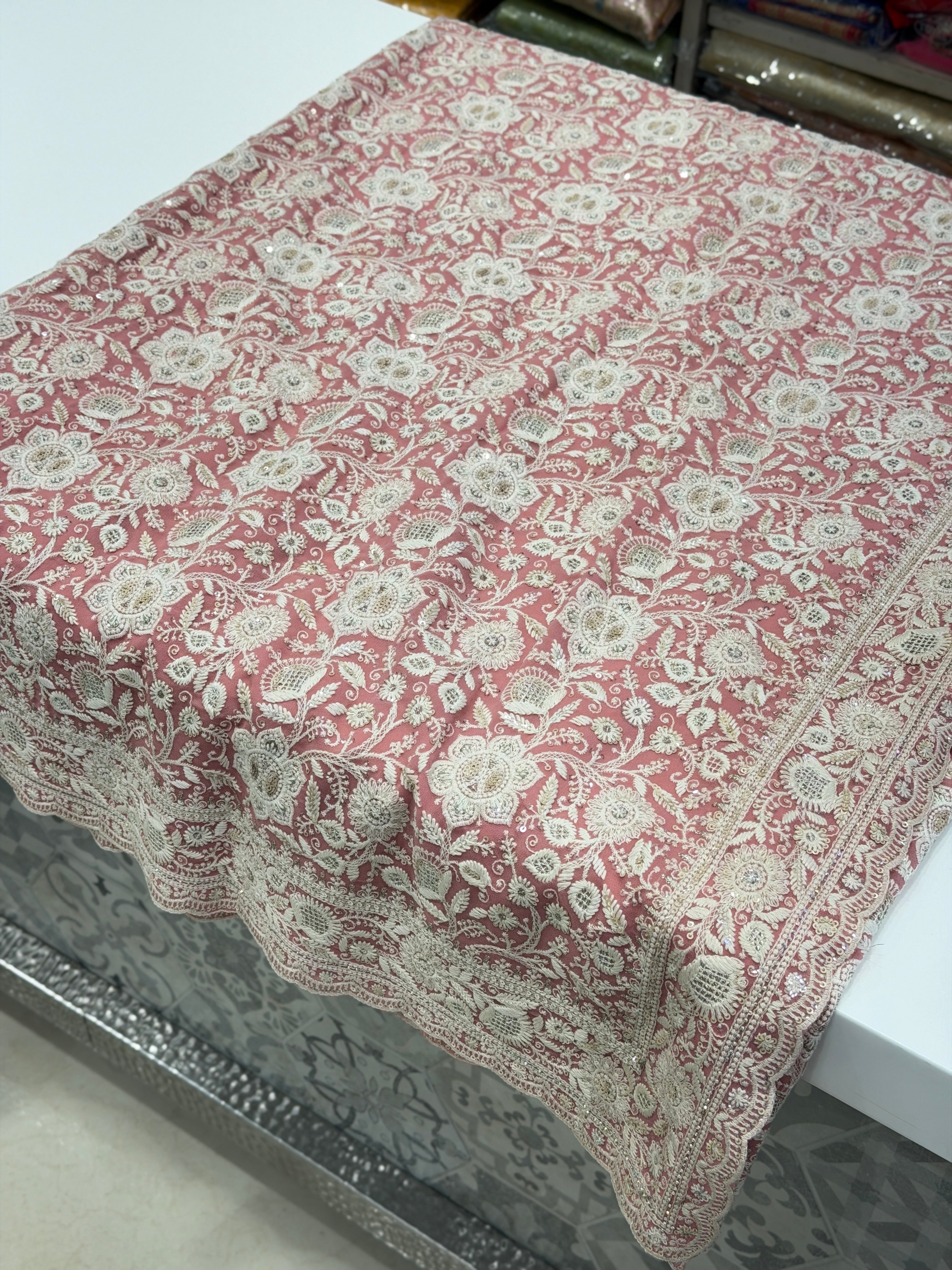 Pink Chikankari Georgette Small Scallop Design Saree