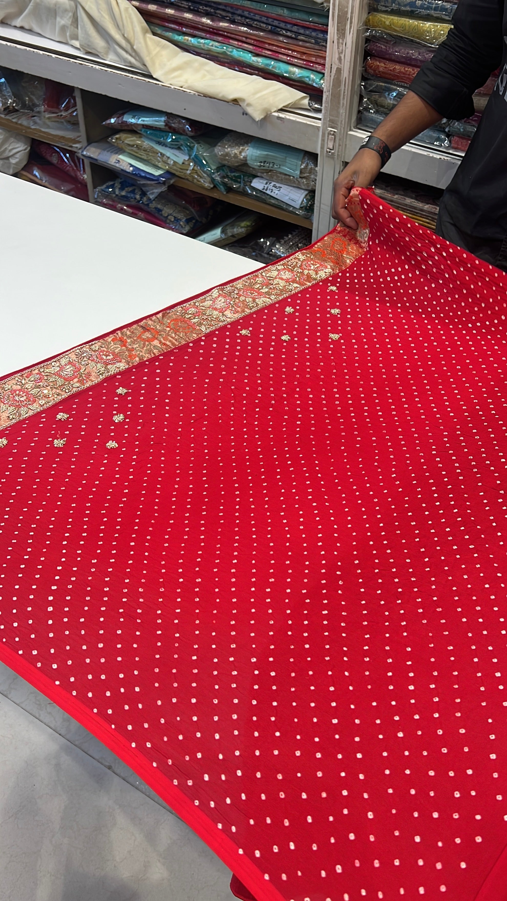 Red Meenakari Bandhej Zardodi Sequin Hand Embroidery Saree