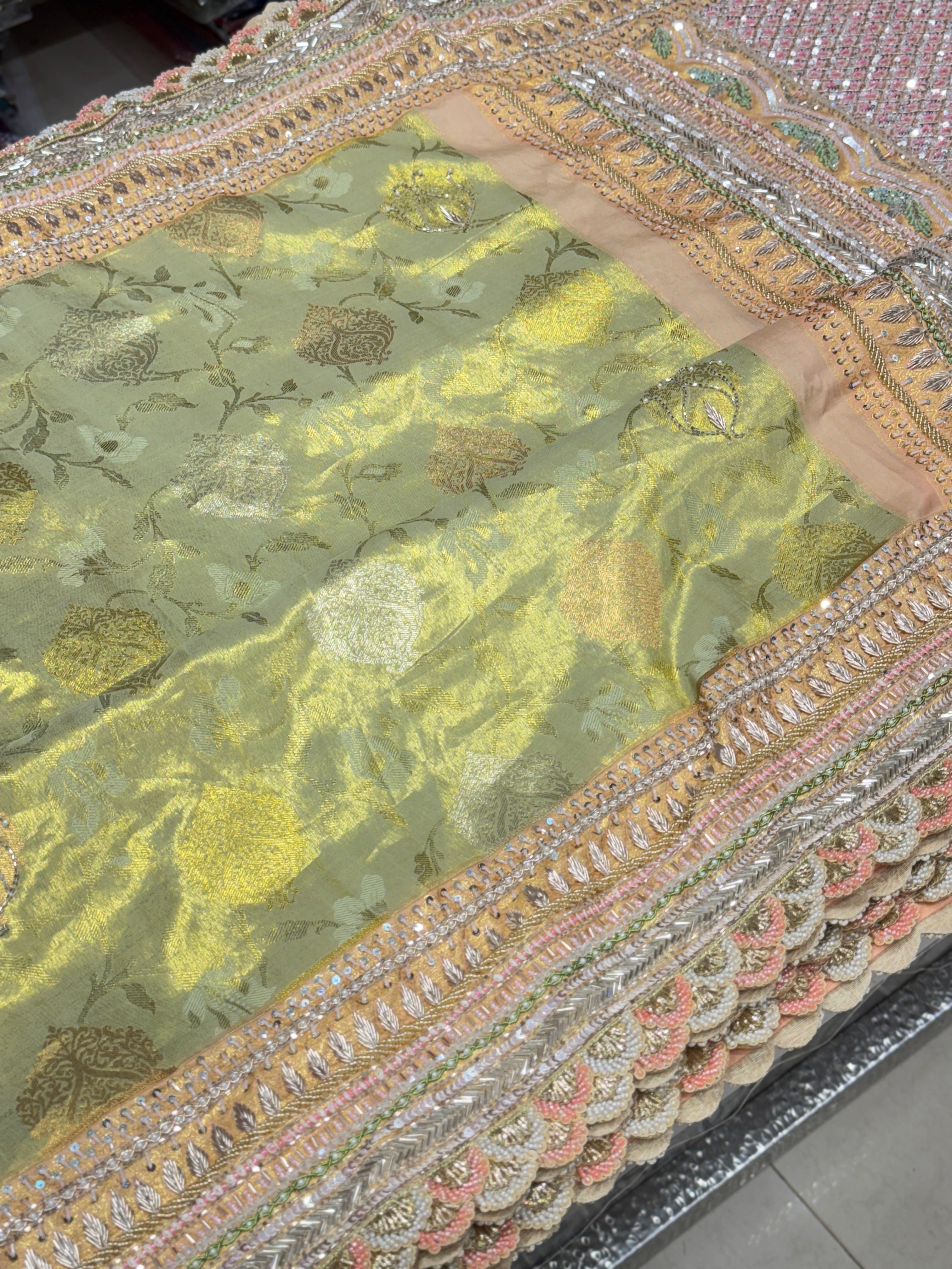 Green Peach Woven Kanjivaram Zardosi Hand Embroidery Saree