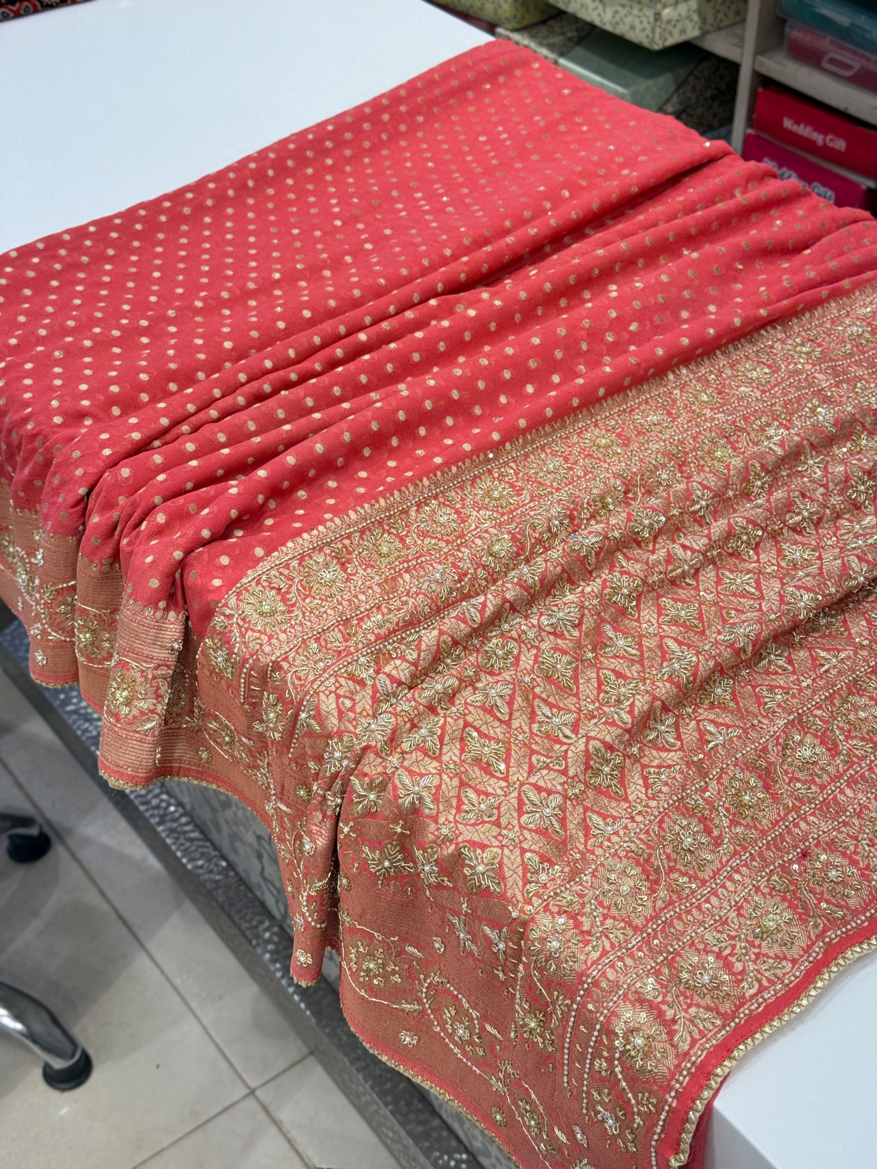 Peach Banarasi Khaddi Georgette Zardosi Embroidery Saree