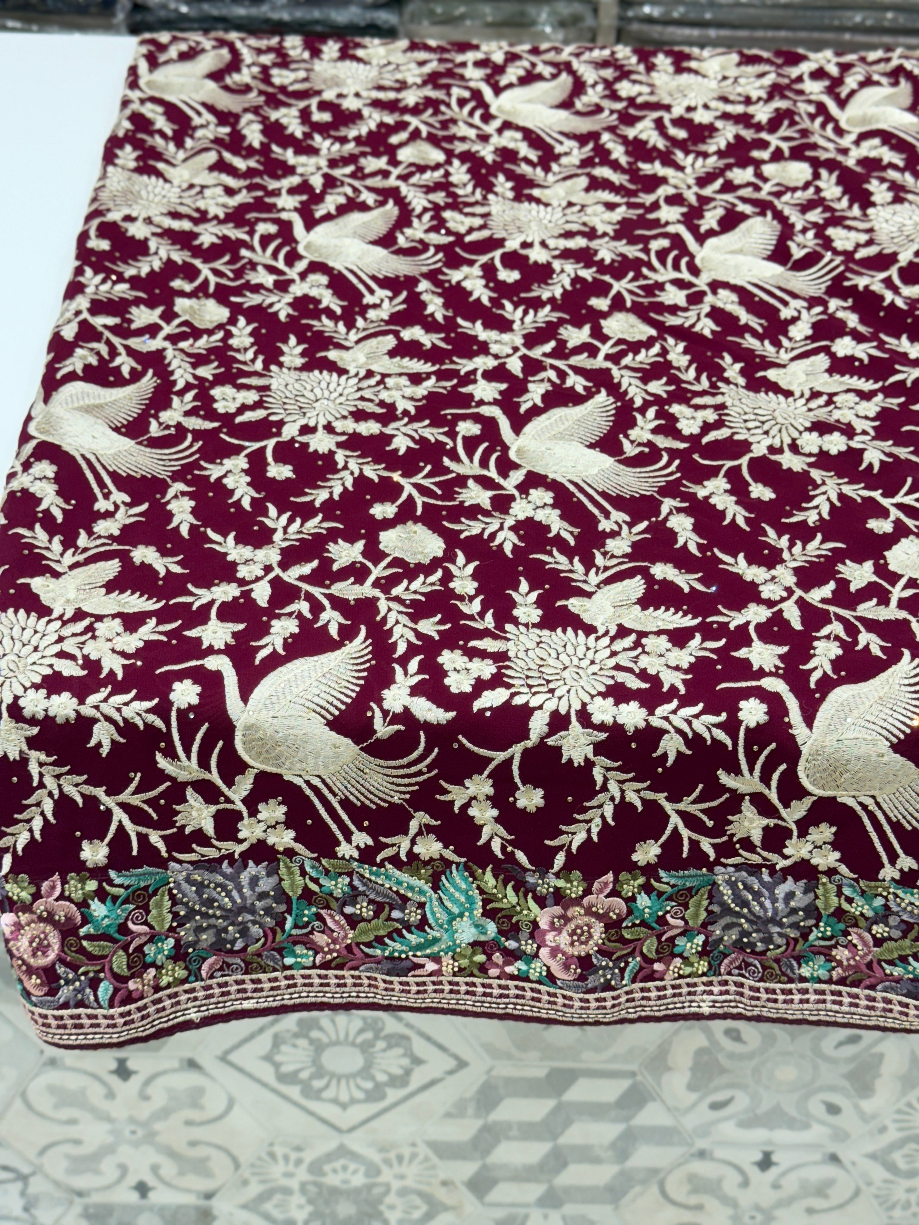 Wine Parsi Gara Saree with Stone Work Resham Embroidery