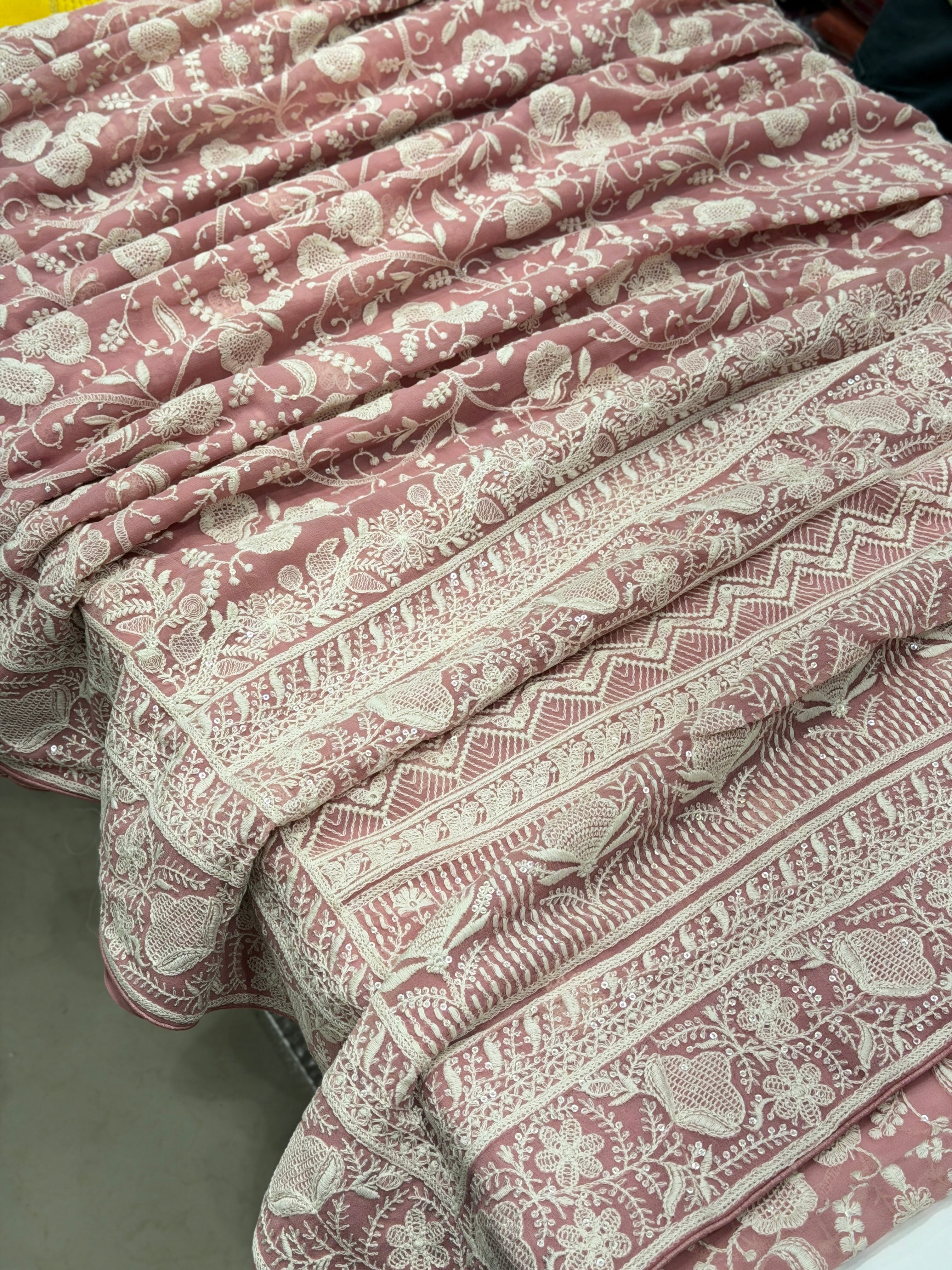 Pink Georgette Chikankari Resham Saree
