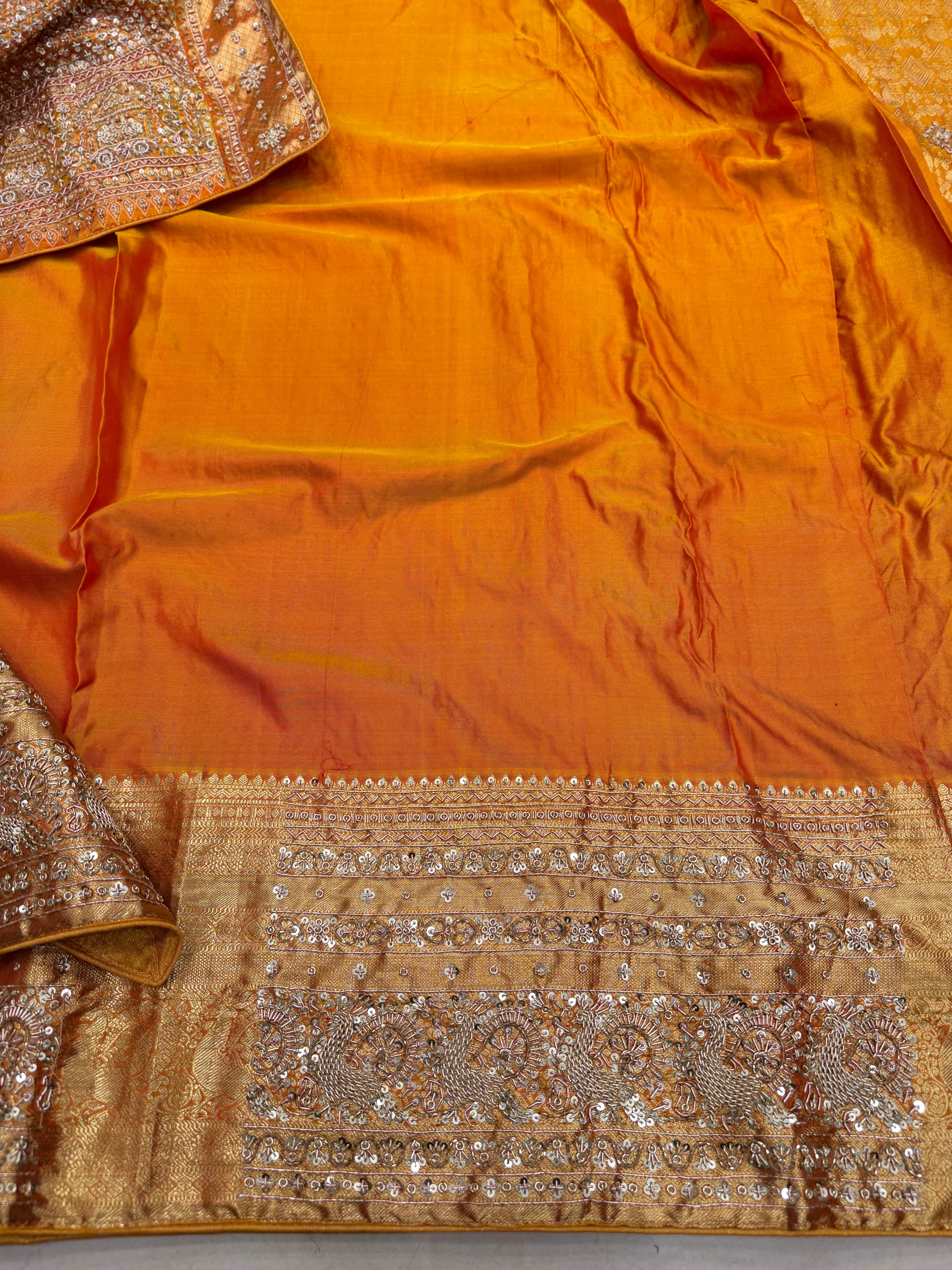 Mustard Yellow Kanjivaram Peacock Motif Hand Embroidery Zardosi Saree