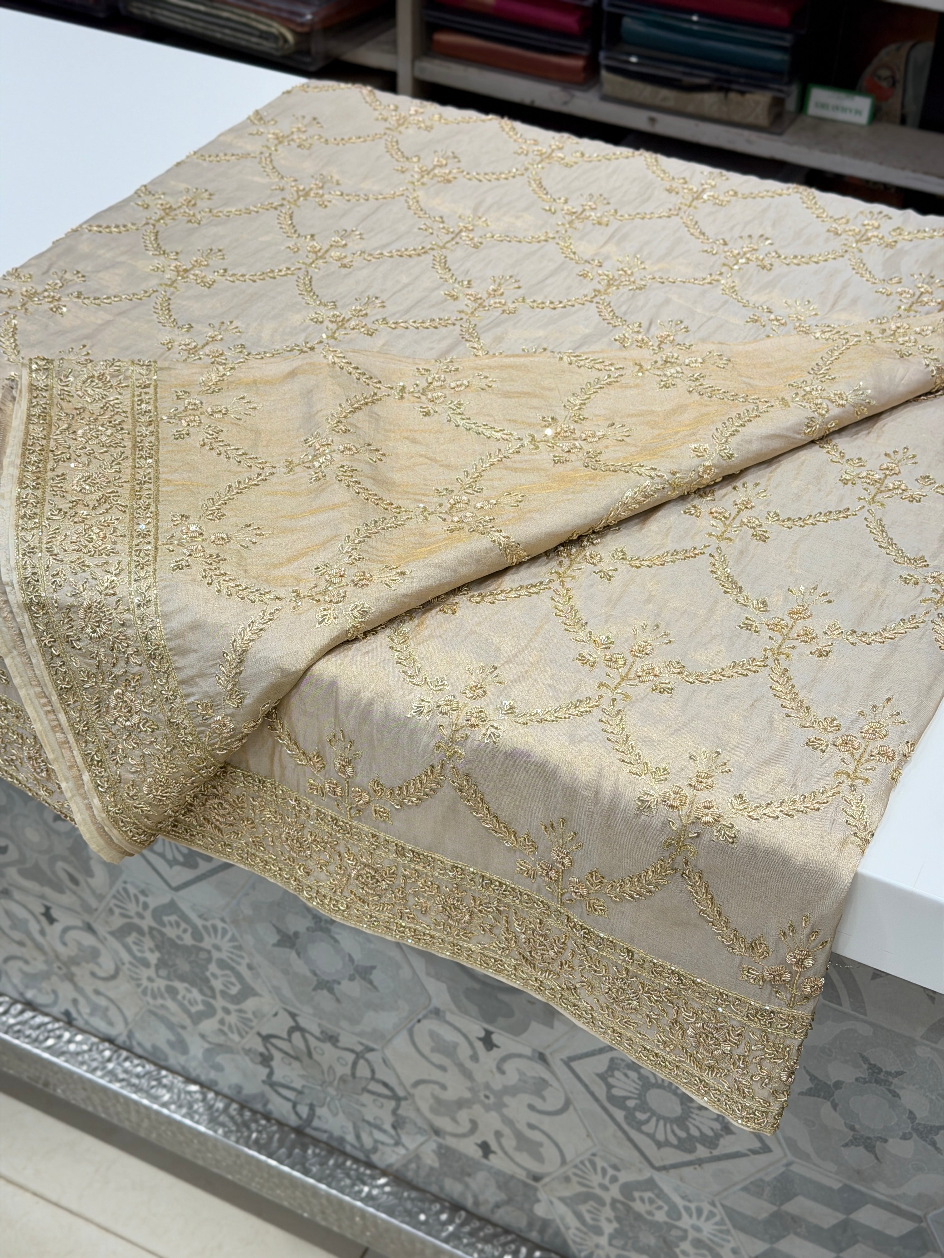 Ivory Tissue Zardosi Crown Jaal Hand Embroidery Saree