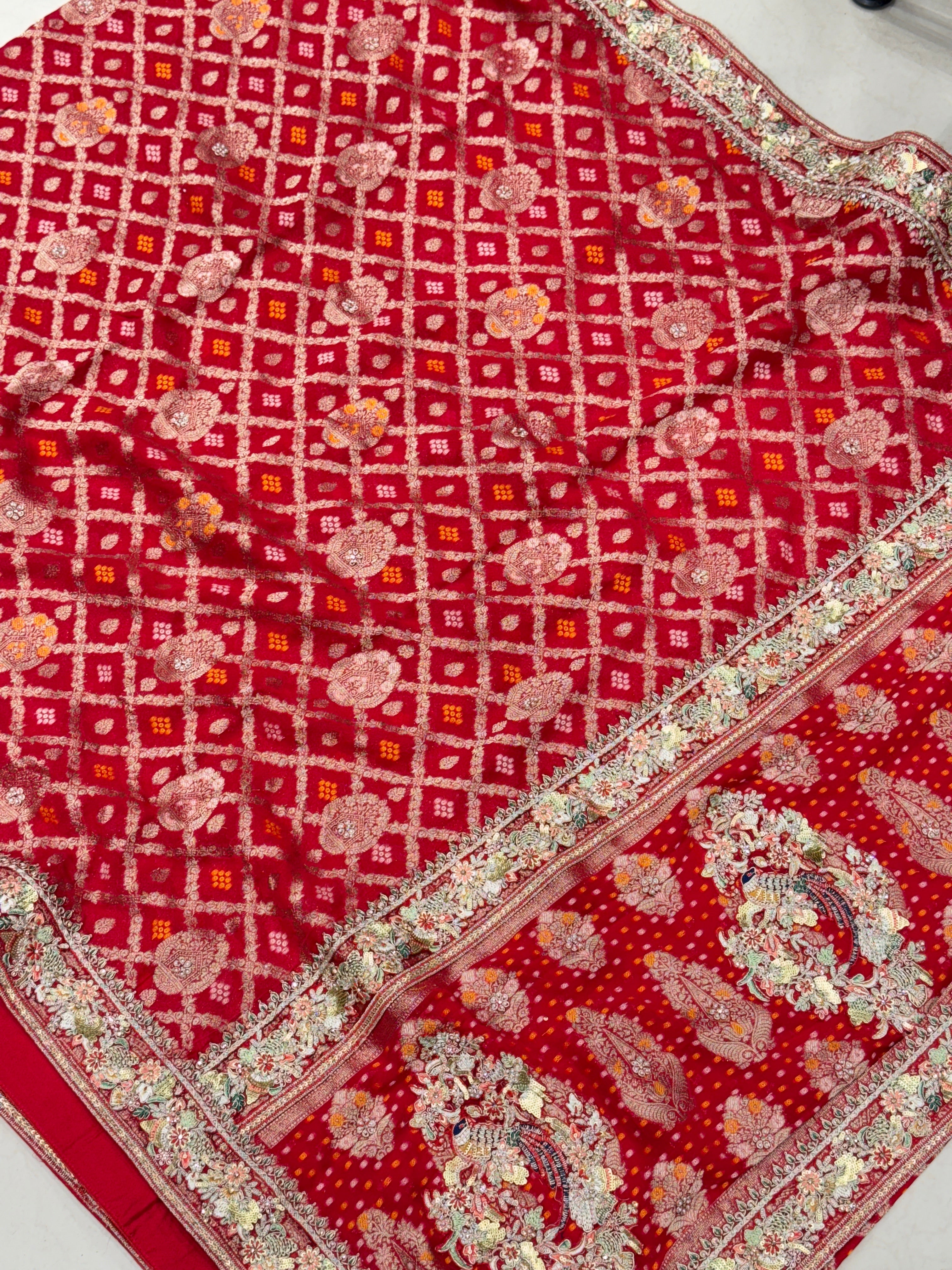 Red Gharchola Floral Embroidered Border Saree