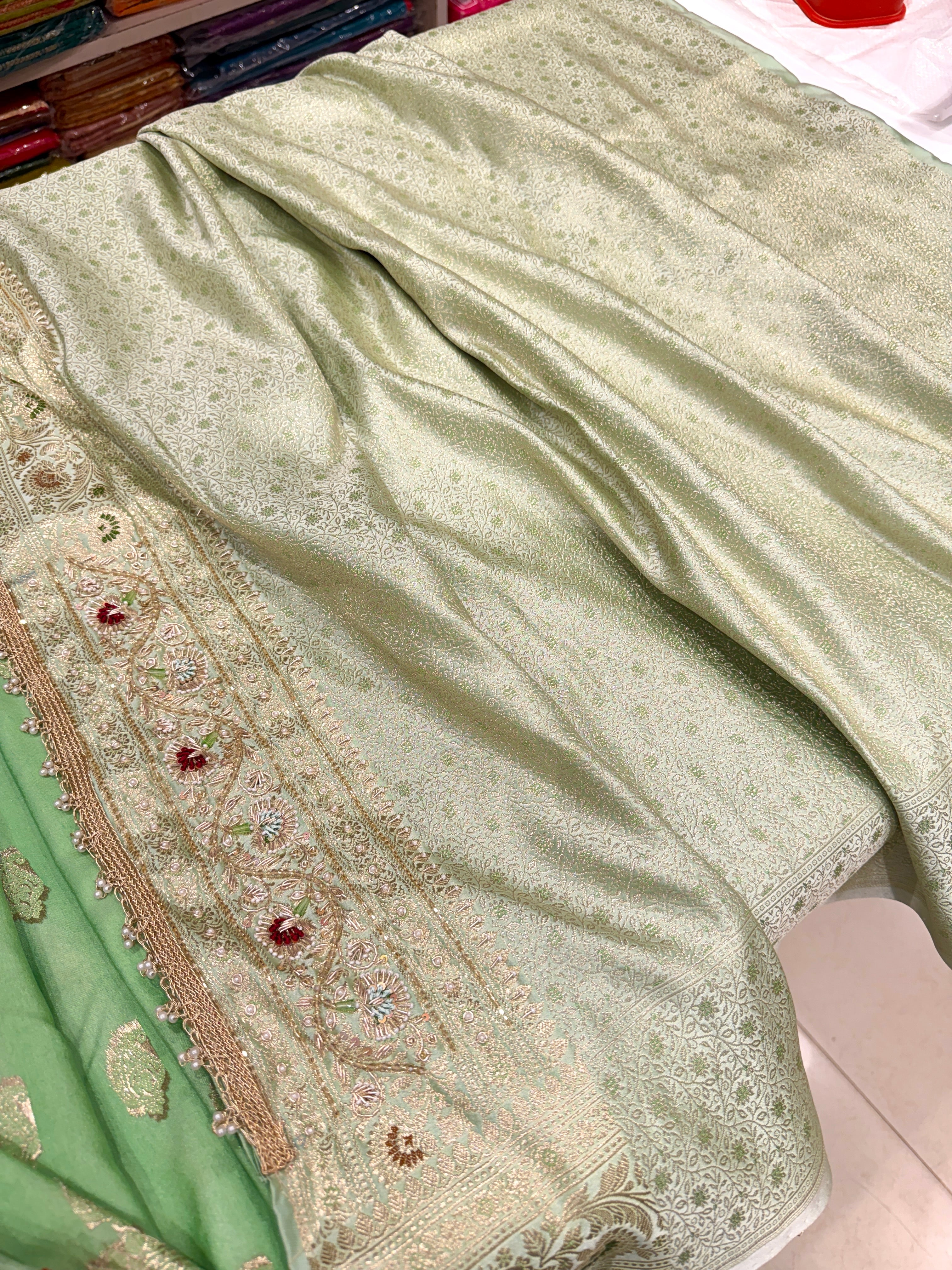 Pista Green Banarasi Meenakari Buttis Zardosi Knot Embroidery Saree