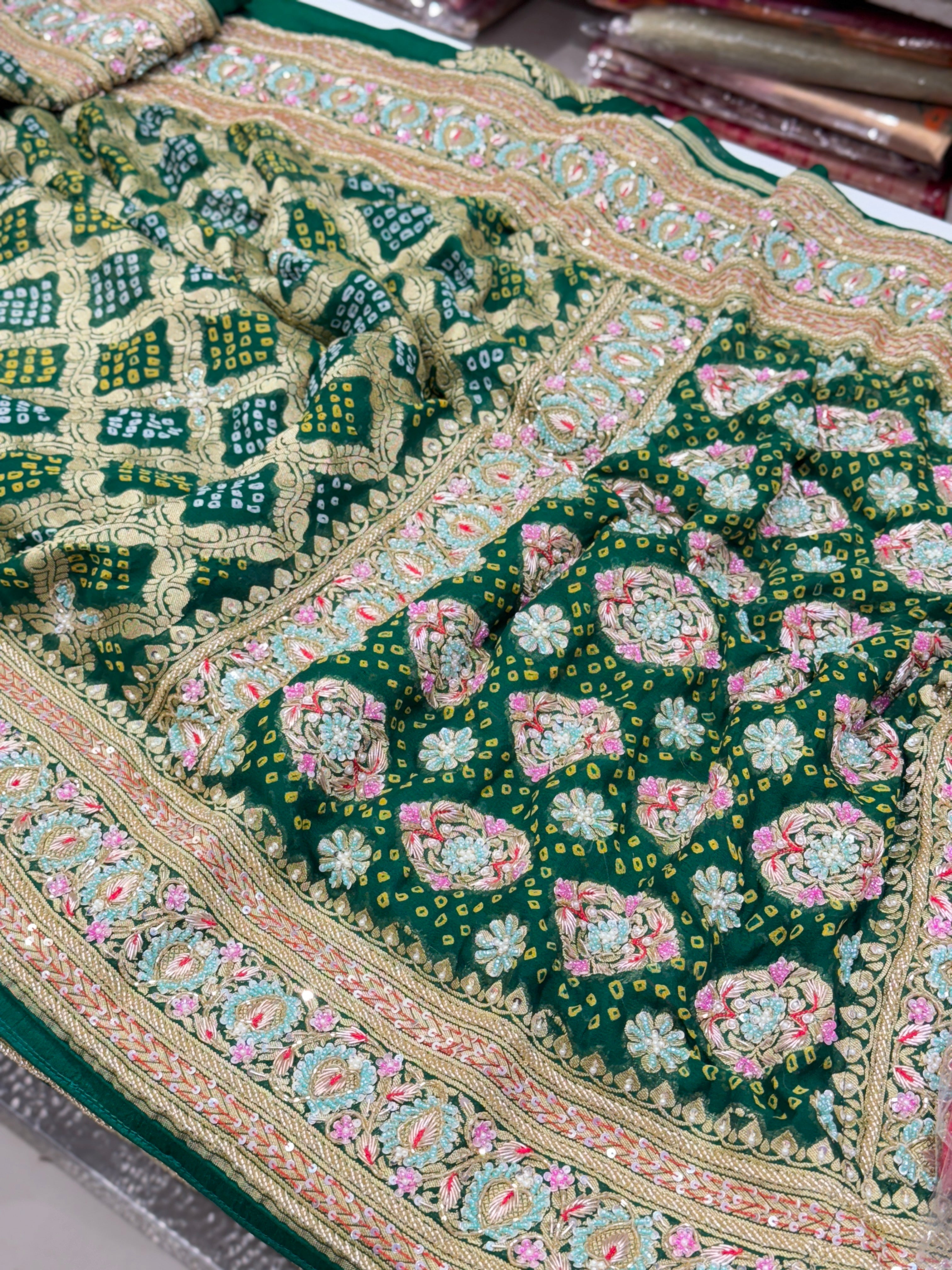 Bottle Green Bandhej Hand Embroidery Saree