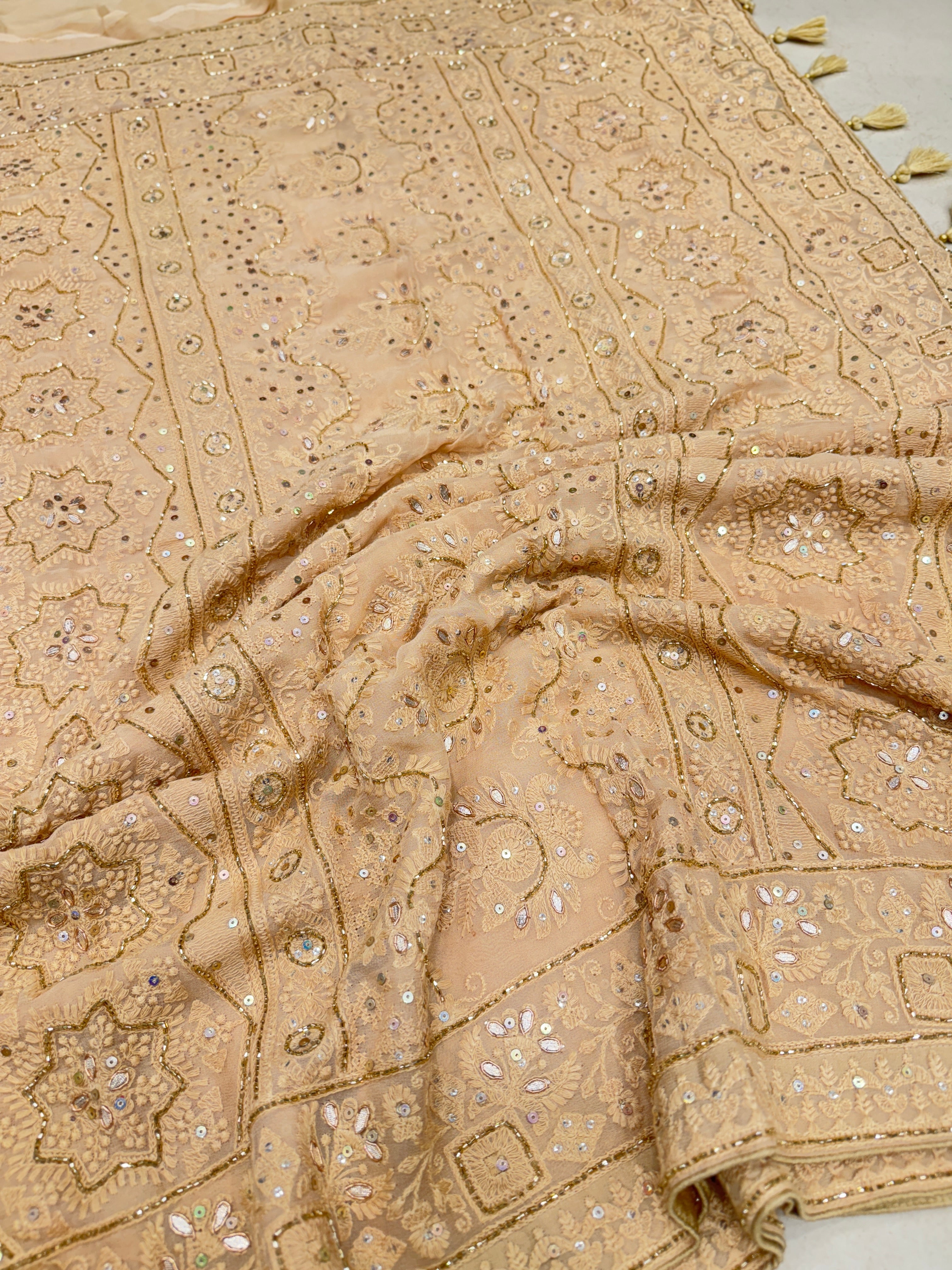 Golden Chikankari on Georgette with Cutdana Hand Embroidery