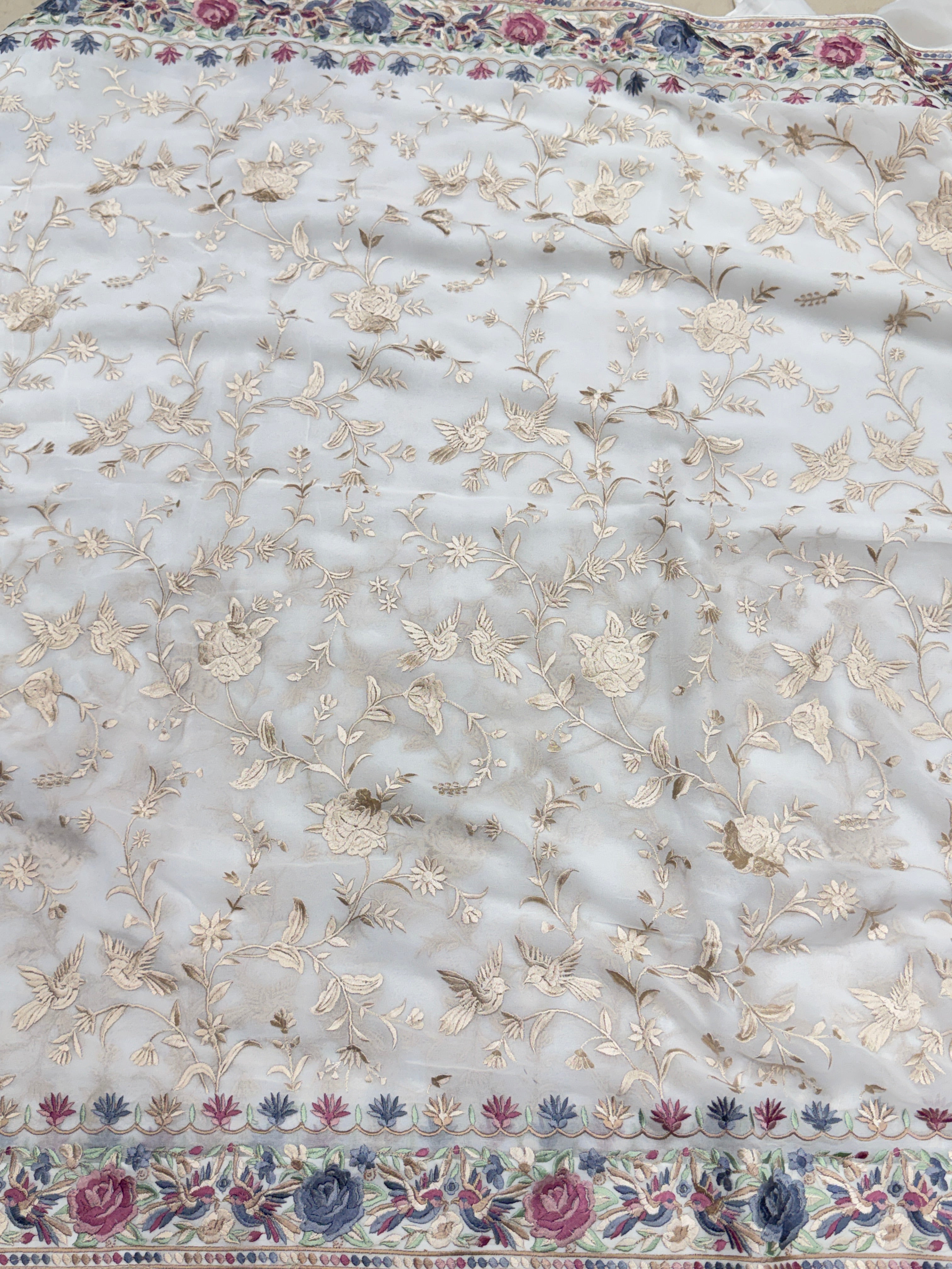 White Georgette Multi Colour Jaal Parsi Gara Saree