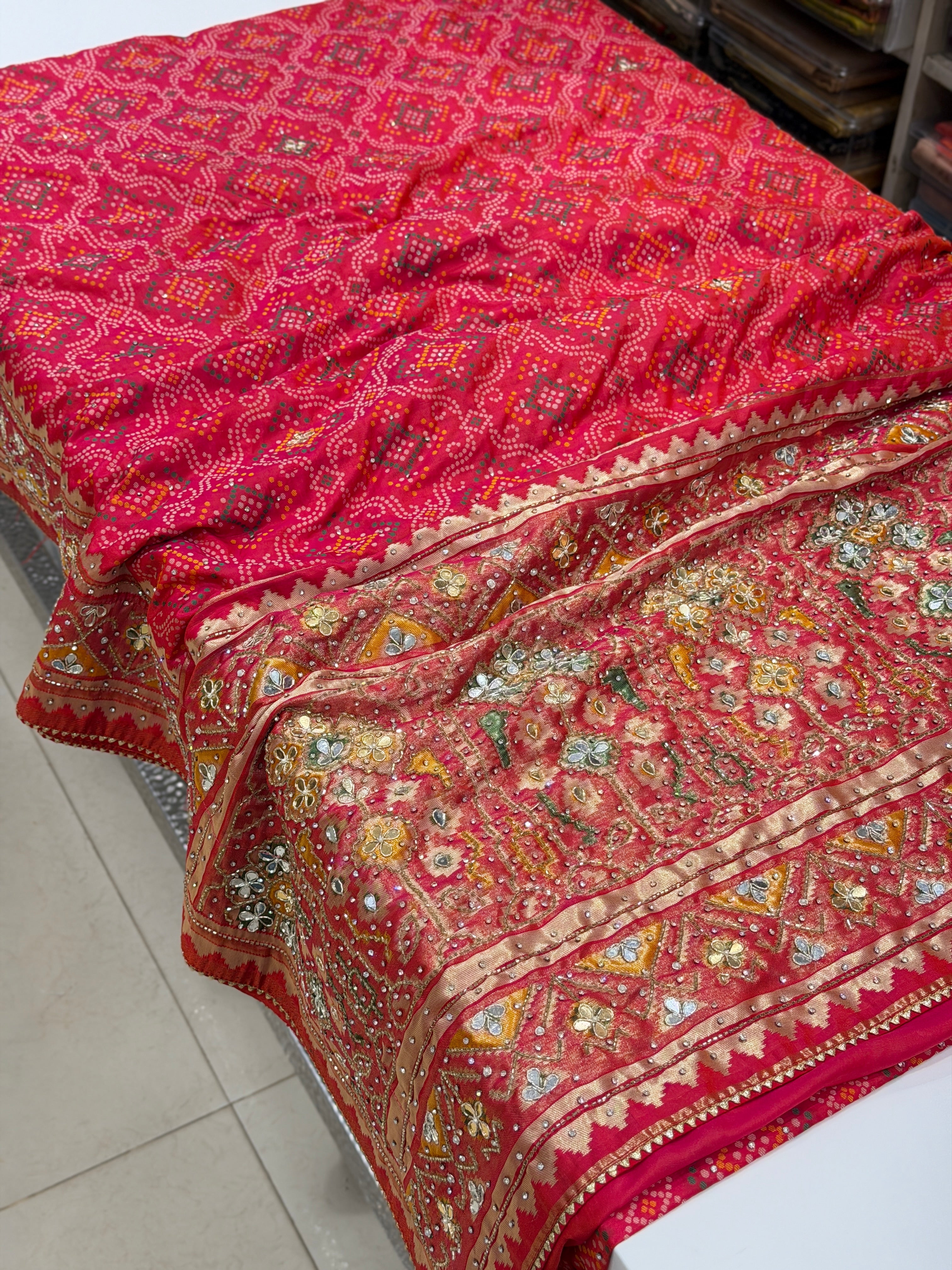 Rani Pink Patola Bandhej Saree Hand Embroidery Saree