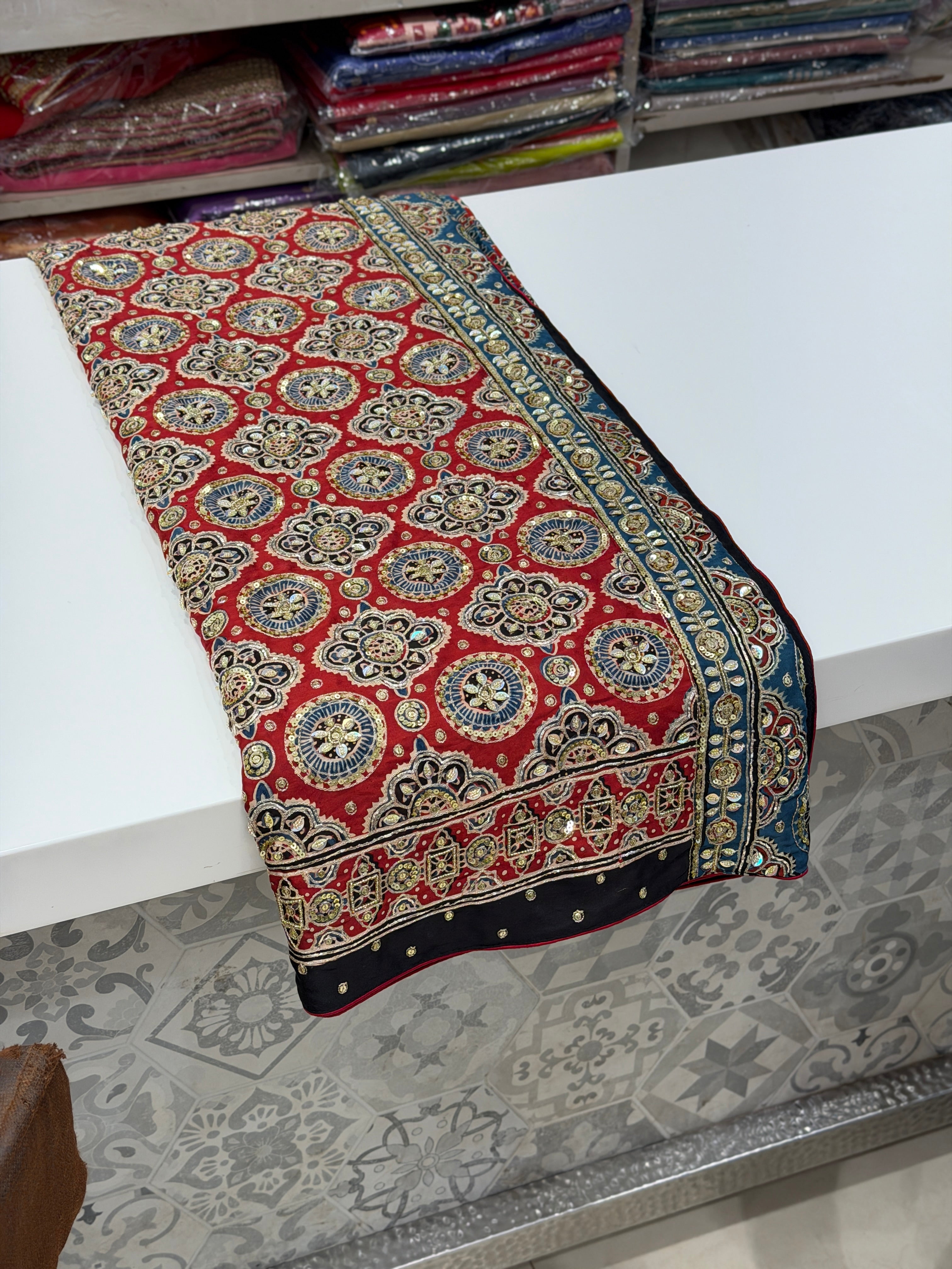Red Blue Jaal Pita Sequin Ajrakh Hand Embroidery Saree