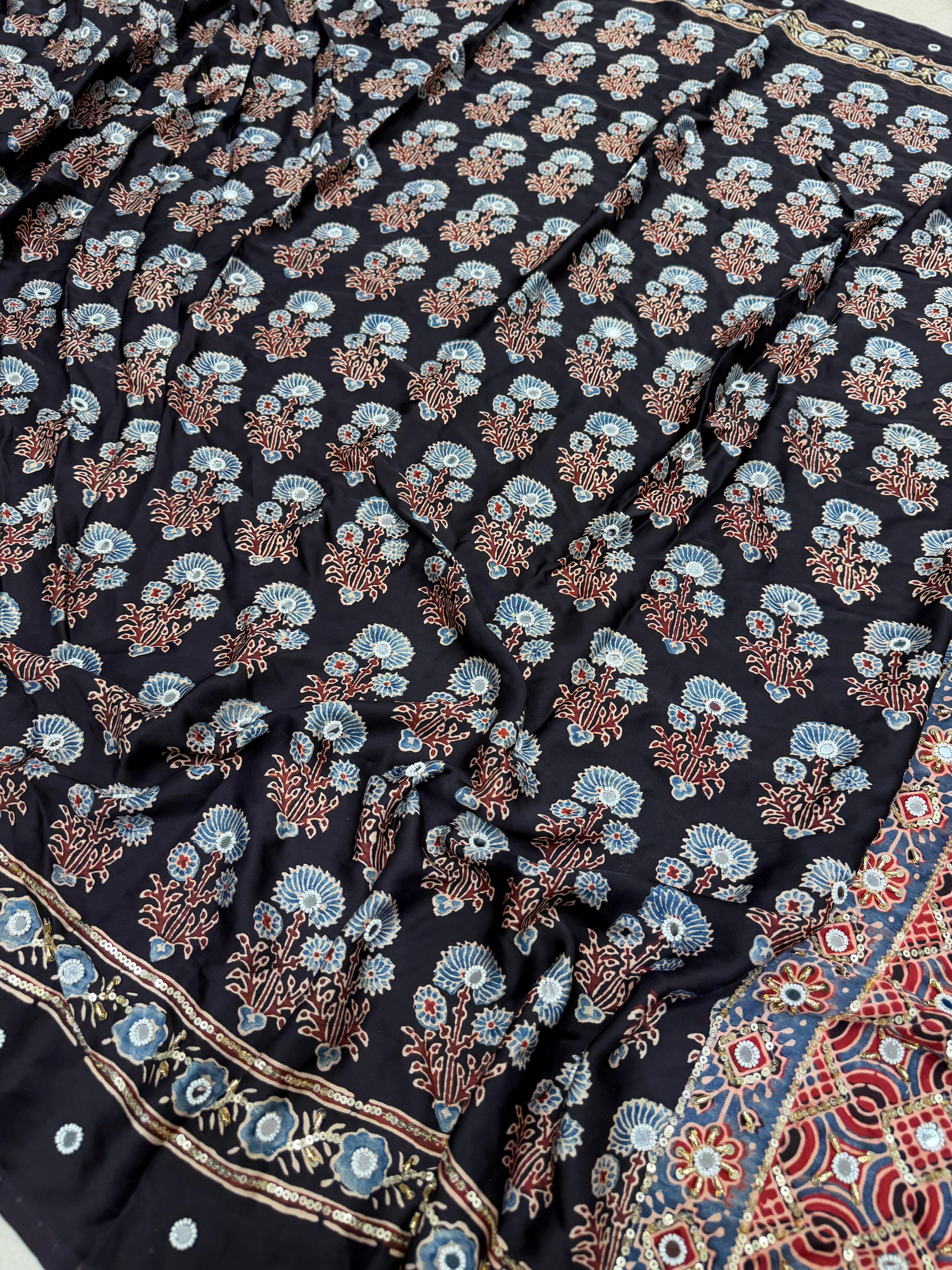 Black Red Three Floral Buttas Ajrakh Real Mirror Moti Sequin Hand Embroidery Saree