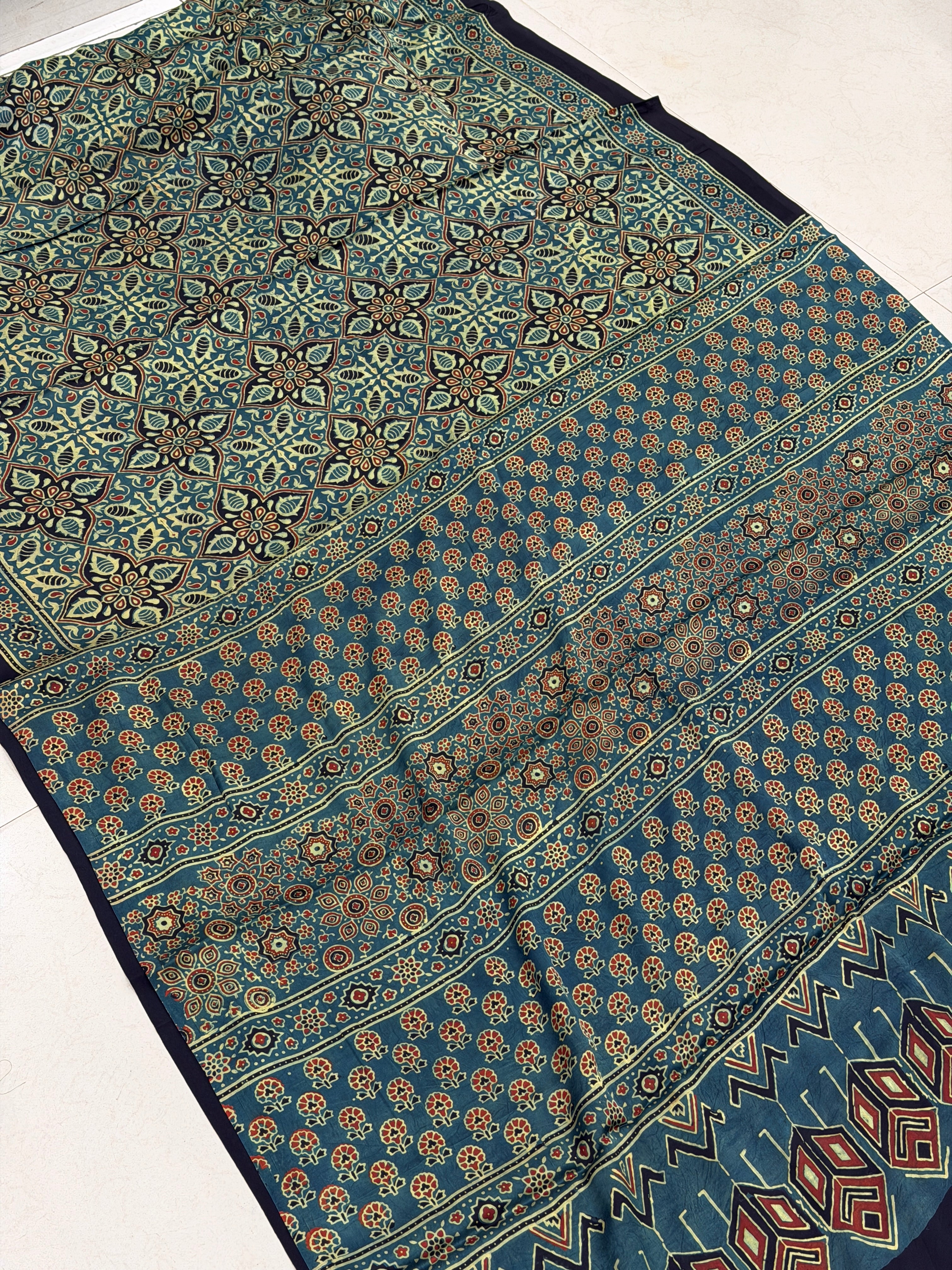 Green Elkweed Flower Buttis Ajrakh Hand Block Print Pure Modal Silk Saree
