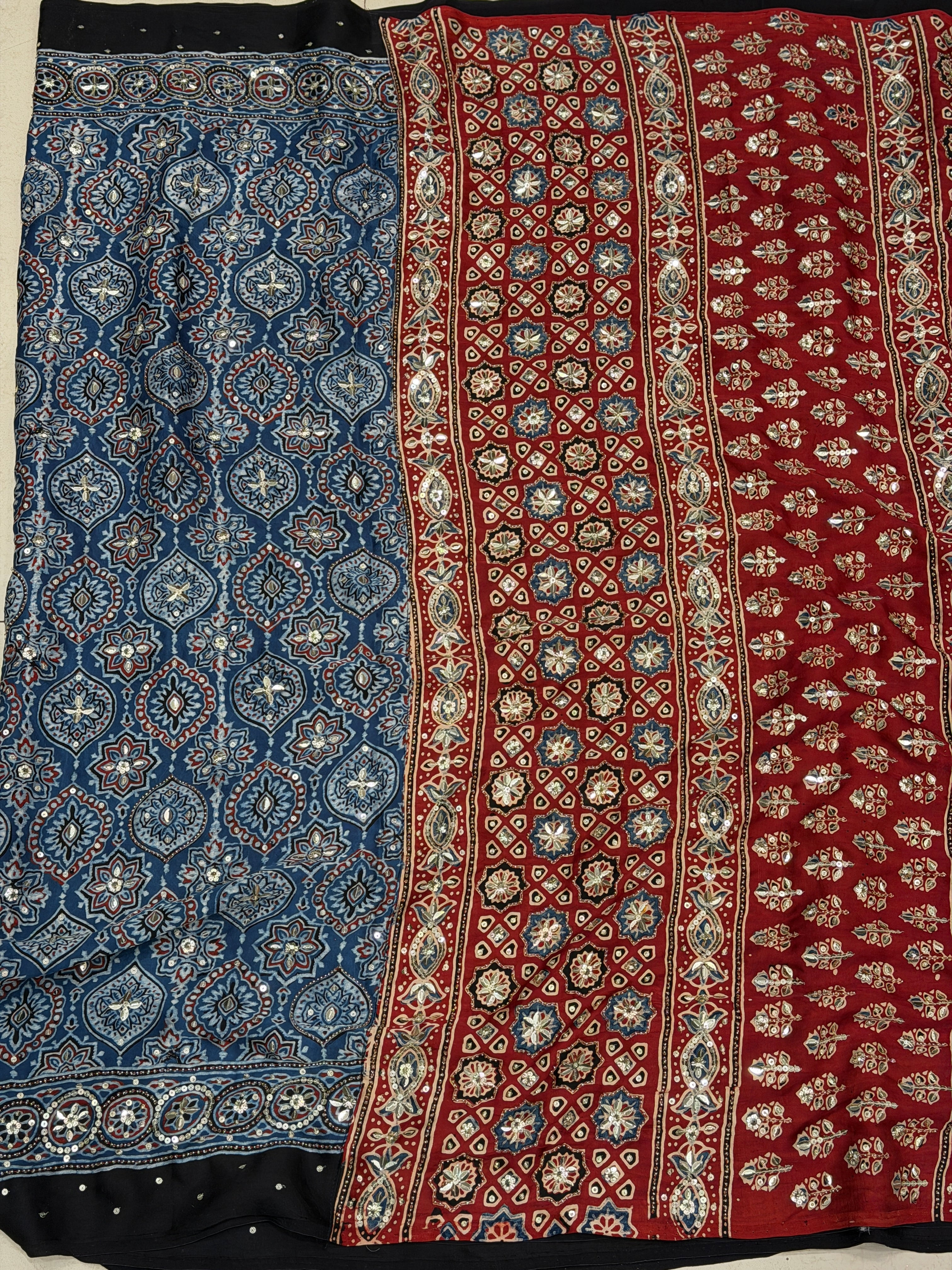 Blue Red Badam Butta Moti Sequin Ajrakh Hand Embroidery Saree