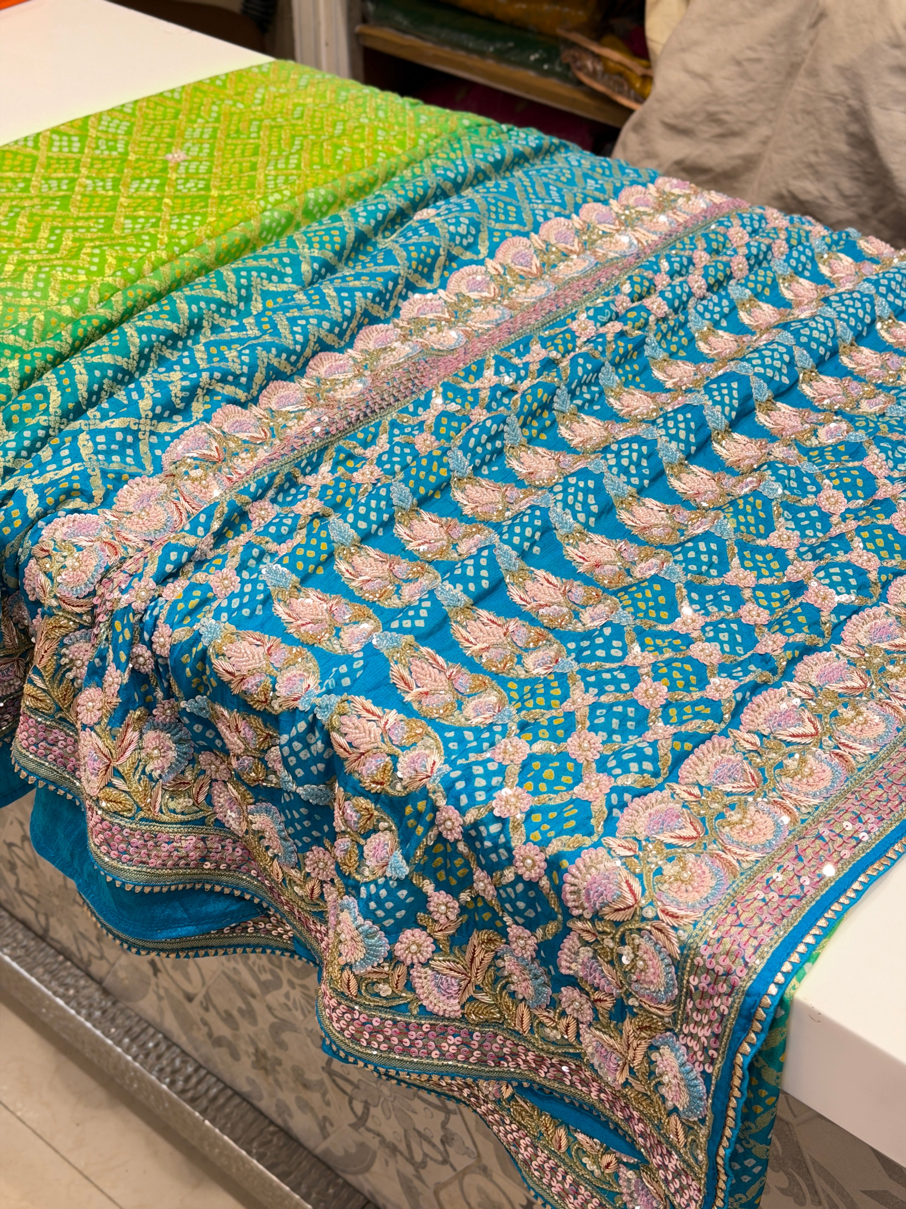 Jhanvi Kapoor Inspired Shaded Green Hand Embroidery Bandhej Saree