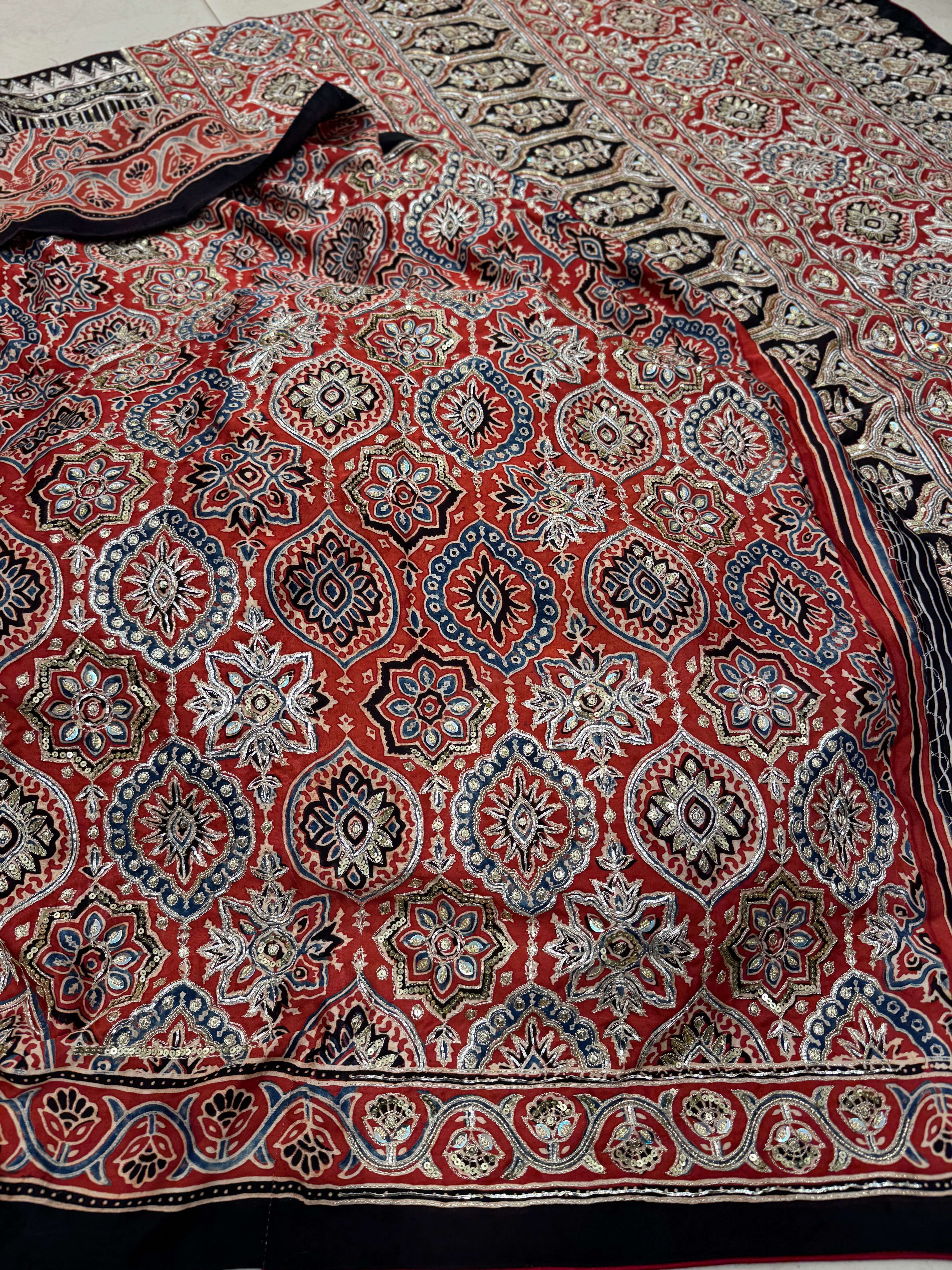 Black Red Contemporary Mirror Ajrakh Hand Embroidery Saree