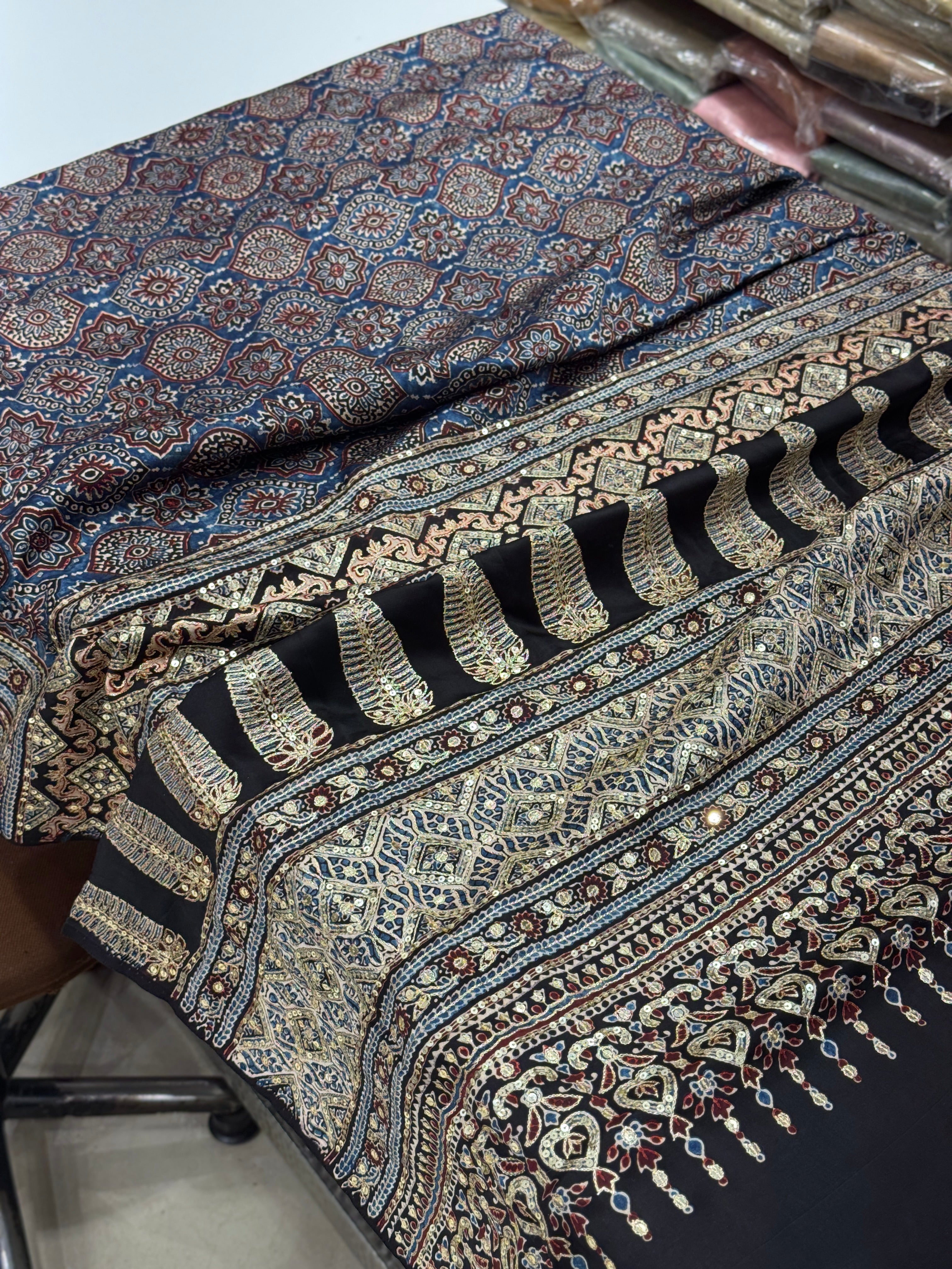 Blue Badam Jaal Pita Sequin Ajrakh Hand Embroidery Saree