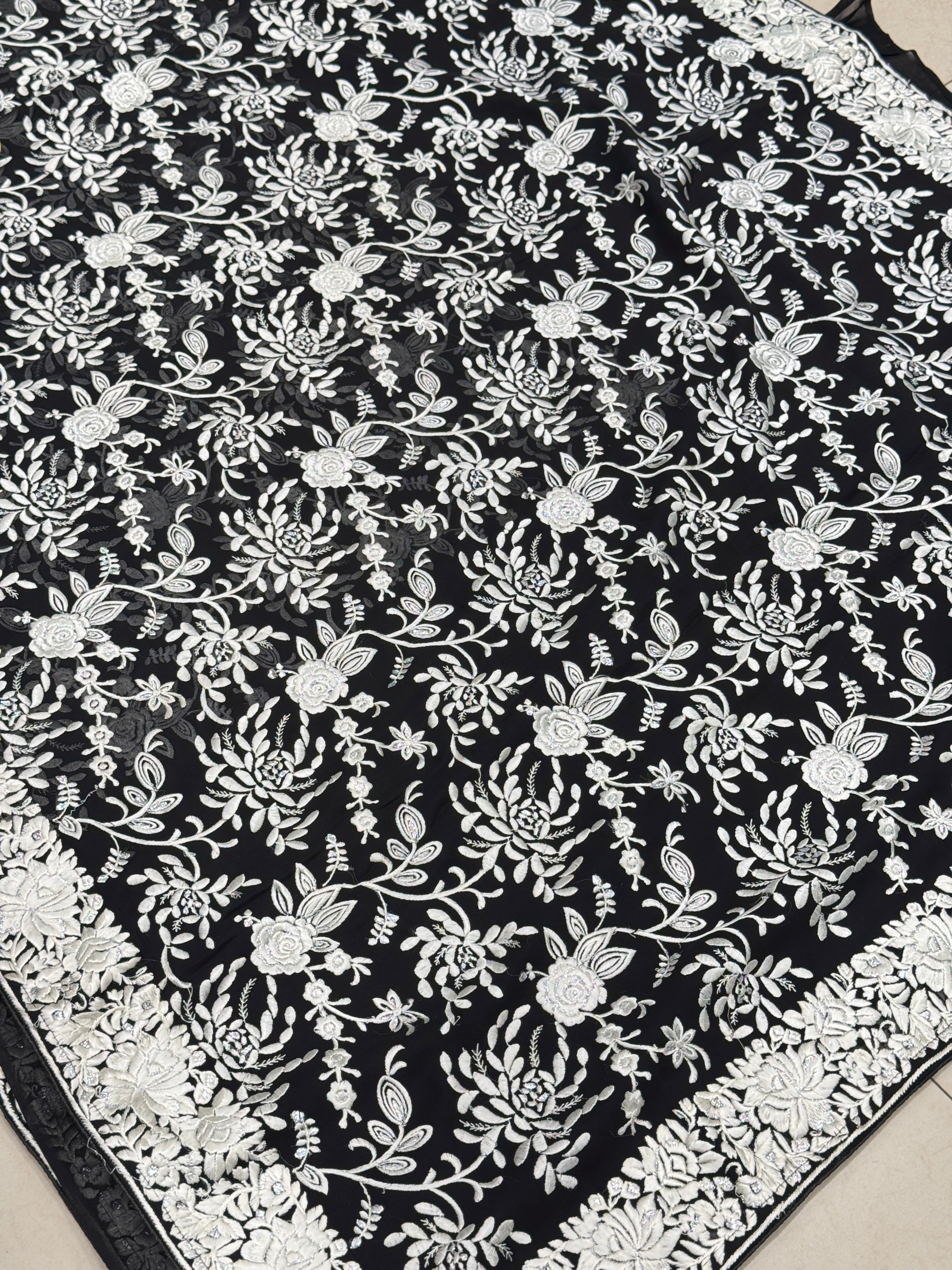 Black Floral Georgette Parsi Gara Saree