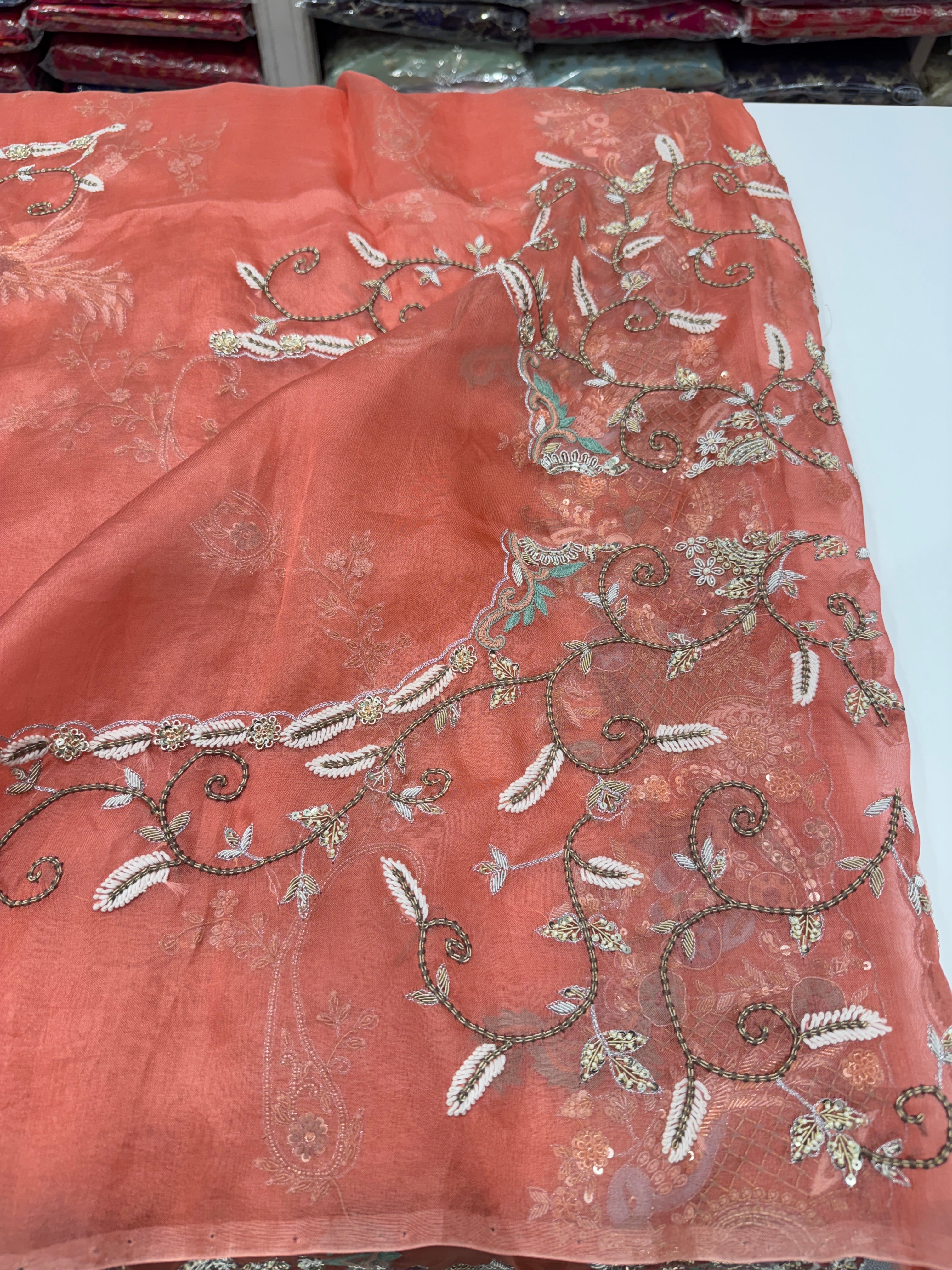 Peach Organza Zardosi Jaal Hand Embroidery Saree