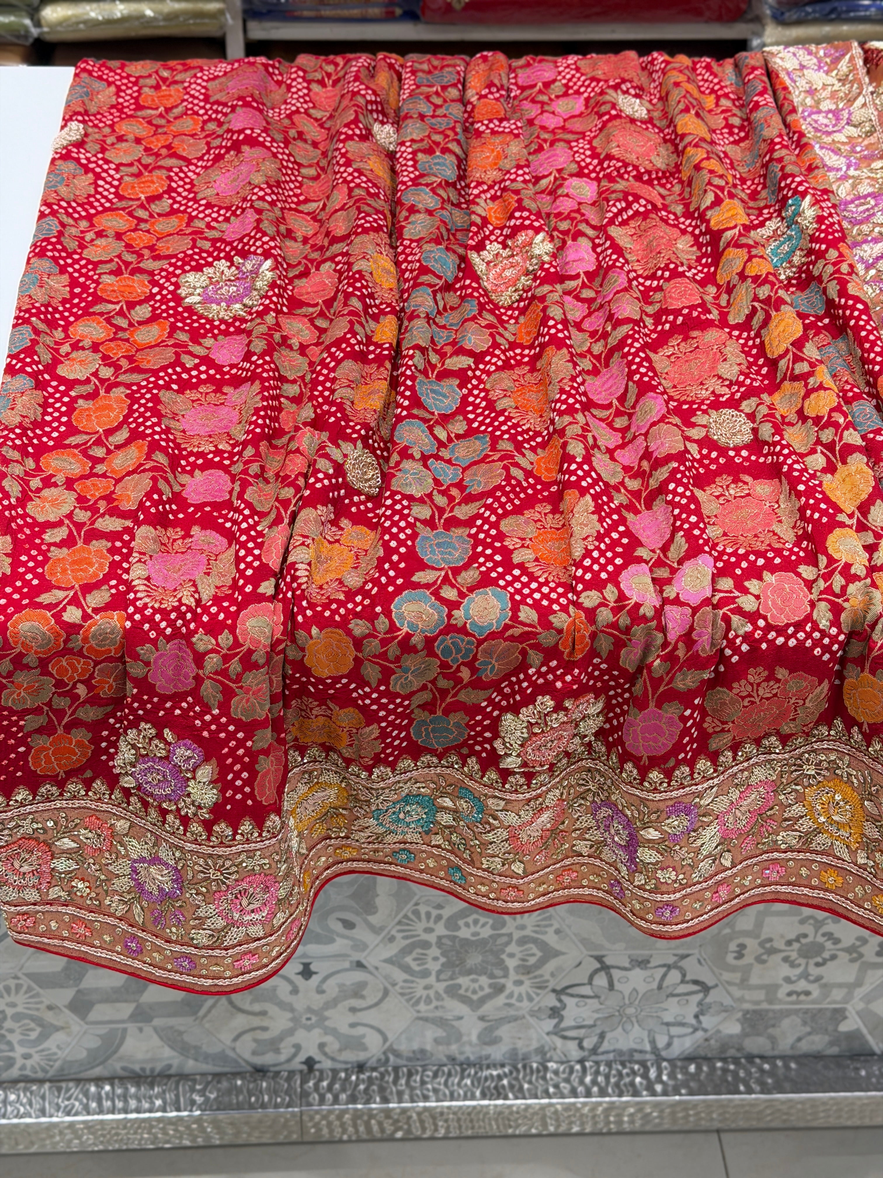 Red Meenakari Bandhej Zardodi Sequin Hand Embroidery Saree