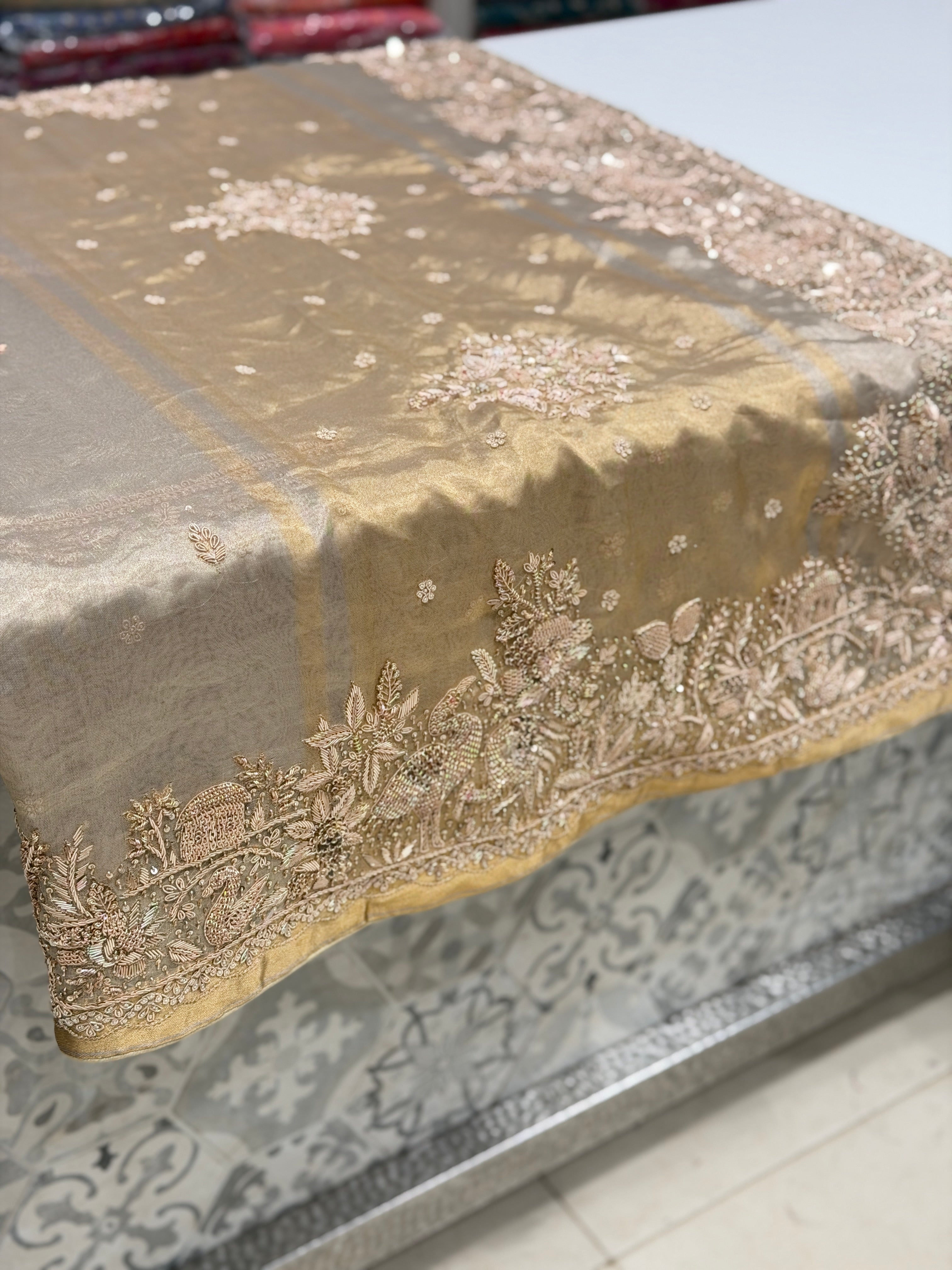 Tissue Parsi Style Zardosi Hand Embroidery Saree