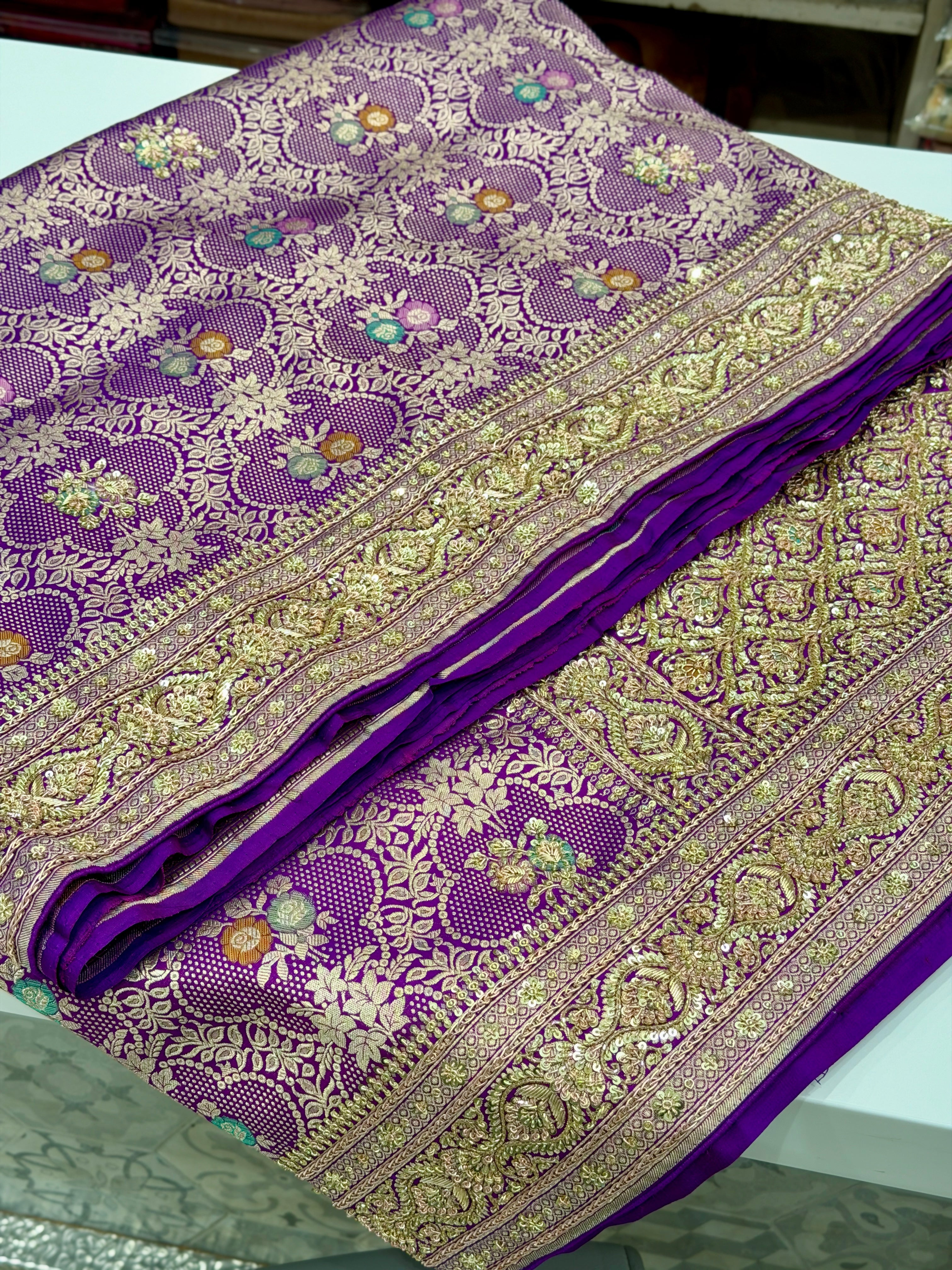 Violet Brocade Meenakari Handloom Banarasi Katan Silk Zardosi Hand Embroidery Saree