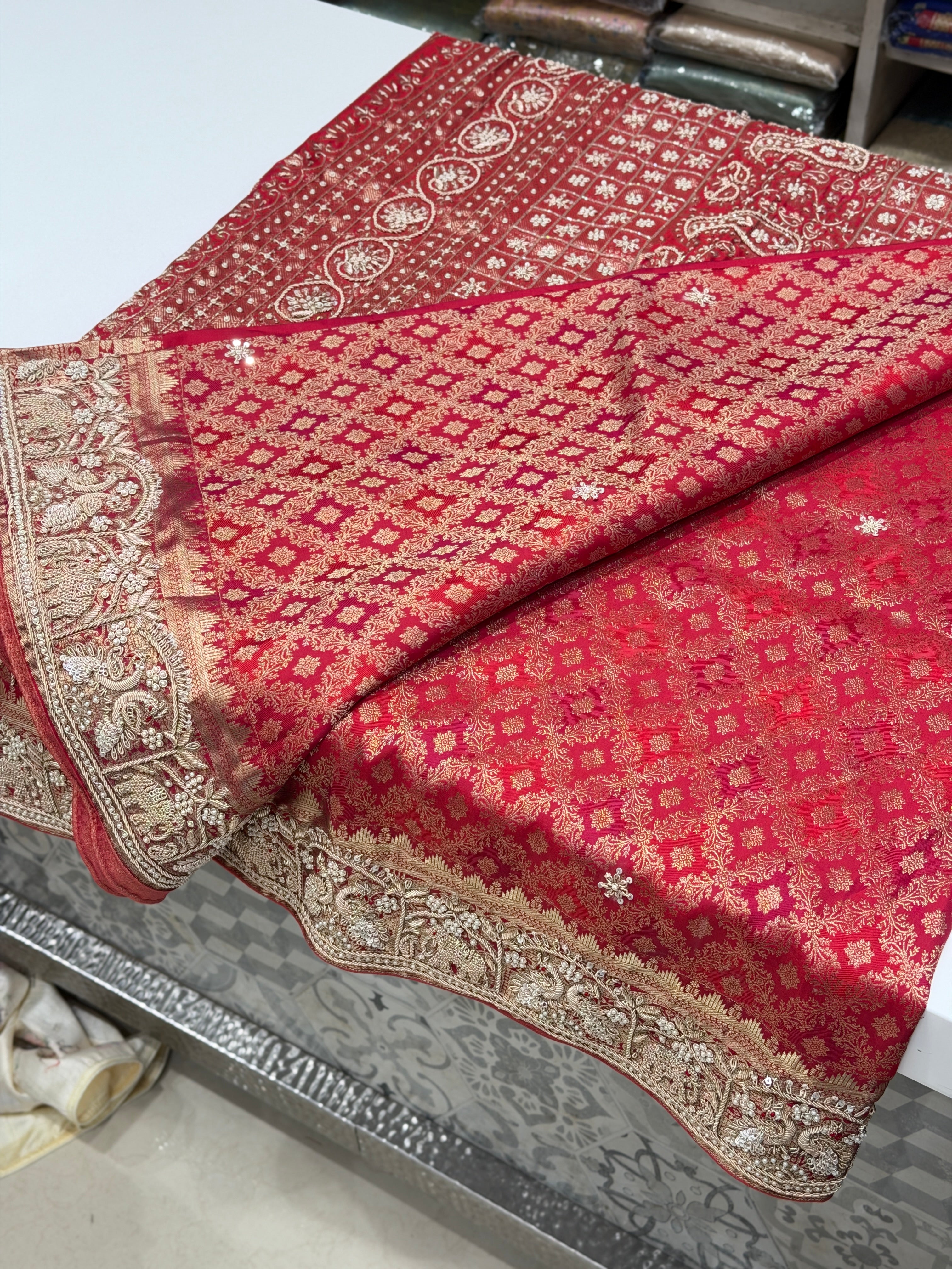 Crimson Pure Silk Kanjivaram Elephant Peacock Motif Hand Embroidery Saree