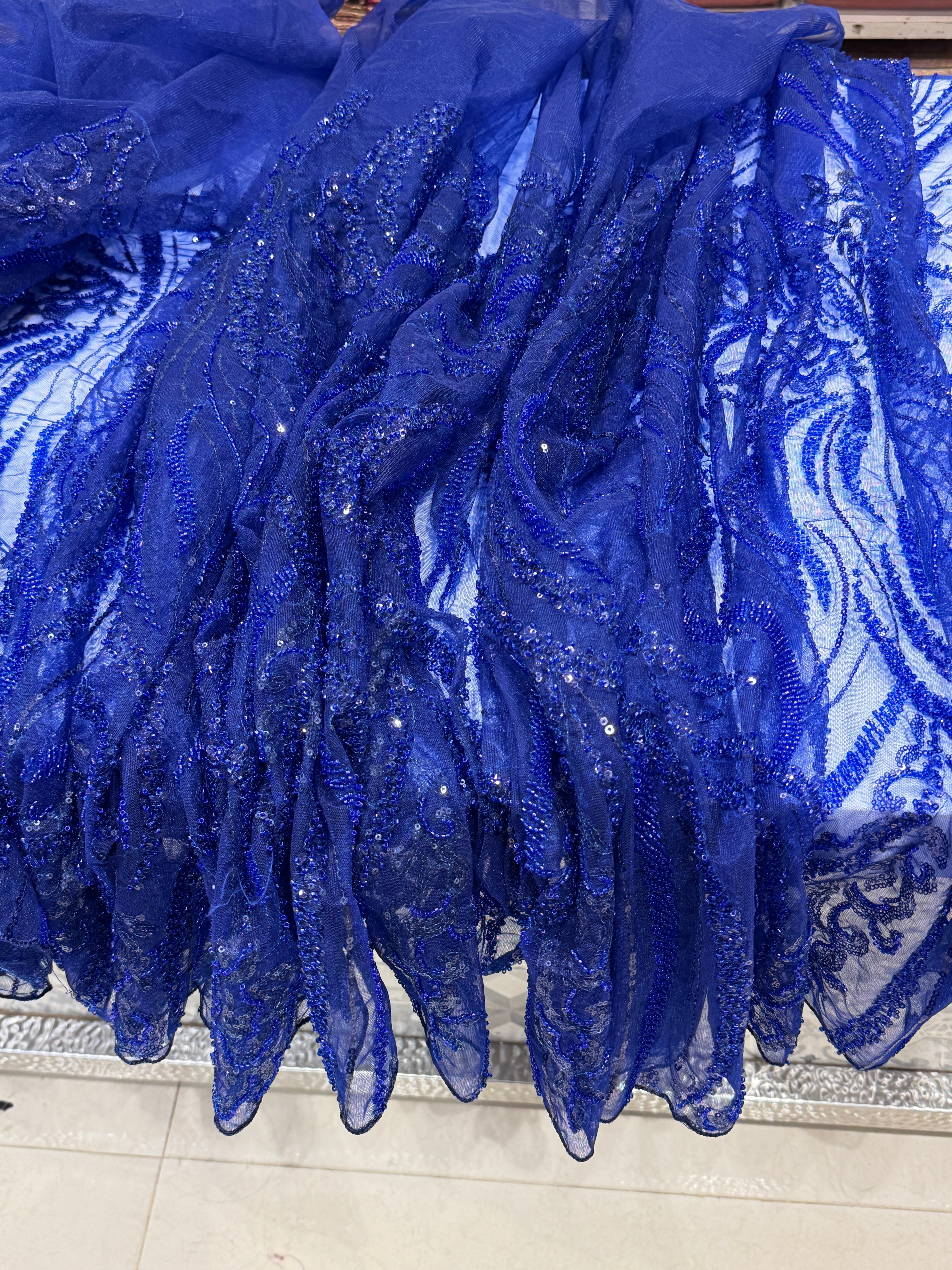 Royal Blue Soft Net Moti Sequin Embroidery Saree